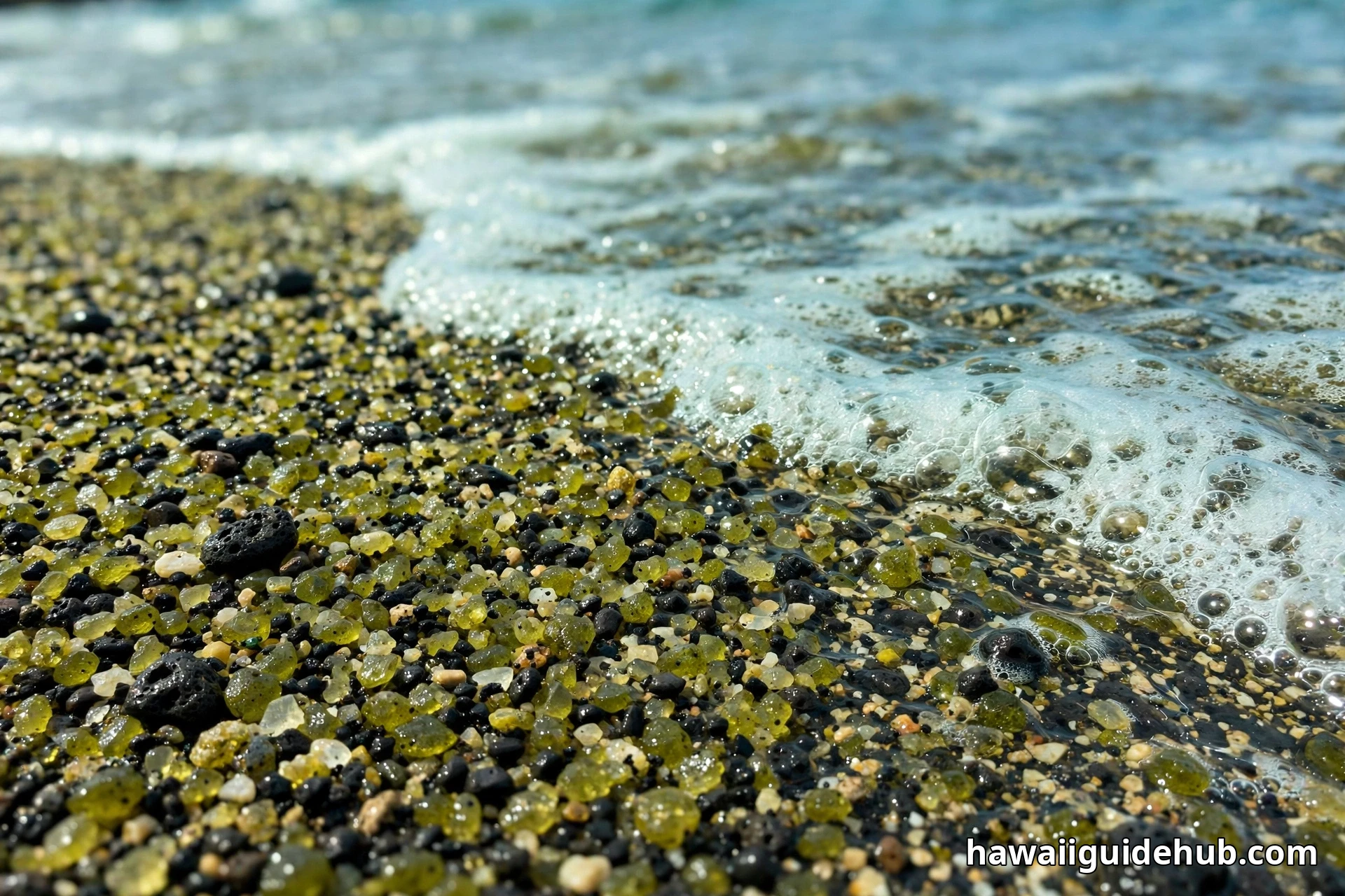 Close-up of green olivine crystals mixed with black volcanic sand as a gentle wave washes over Papakolea Beach Hawaii