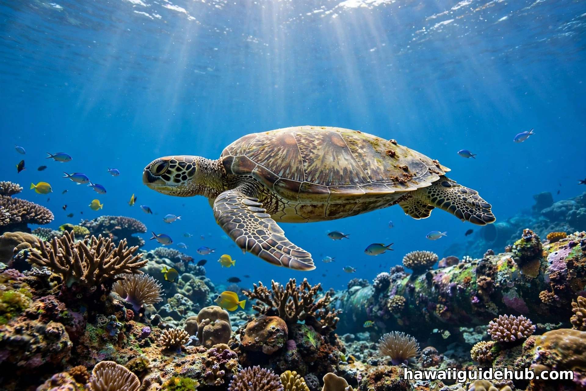 Hawaiian green sea turtle swimming over coral reef near the warm water outflow at Electric Beach