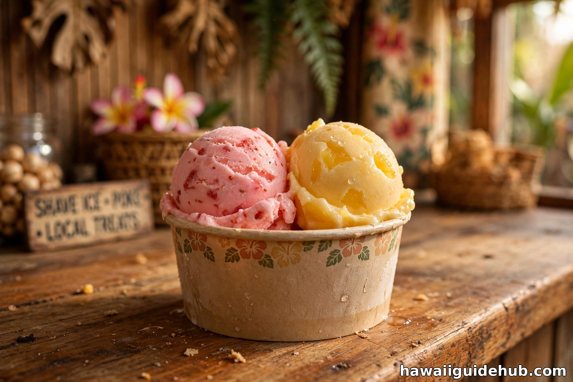 Two scoops of strawberry and pineapple guri guri in a paper cup on a wooden counter