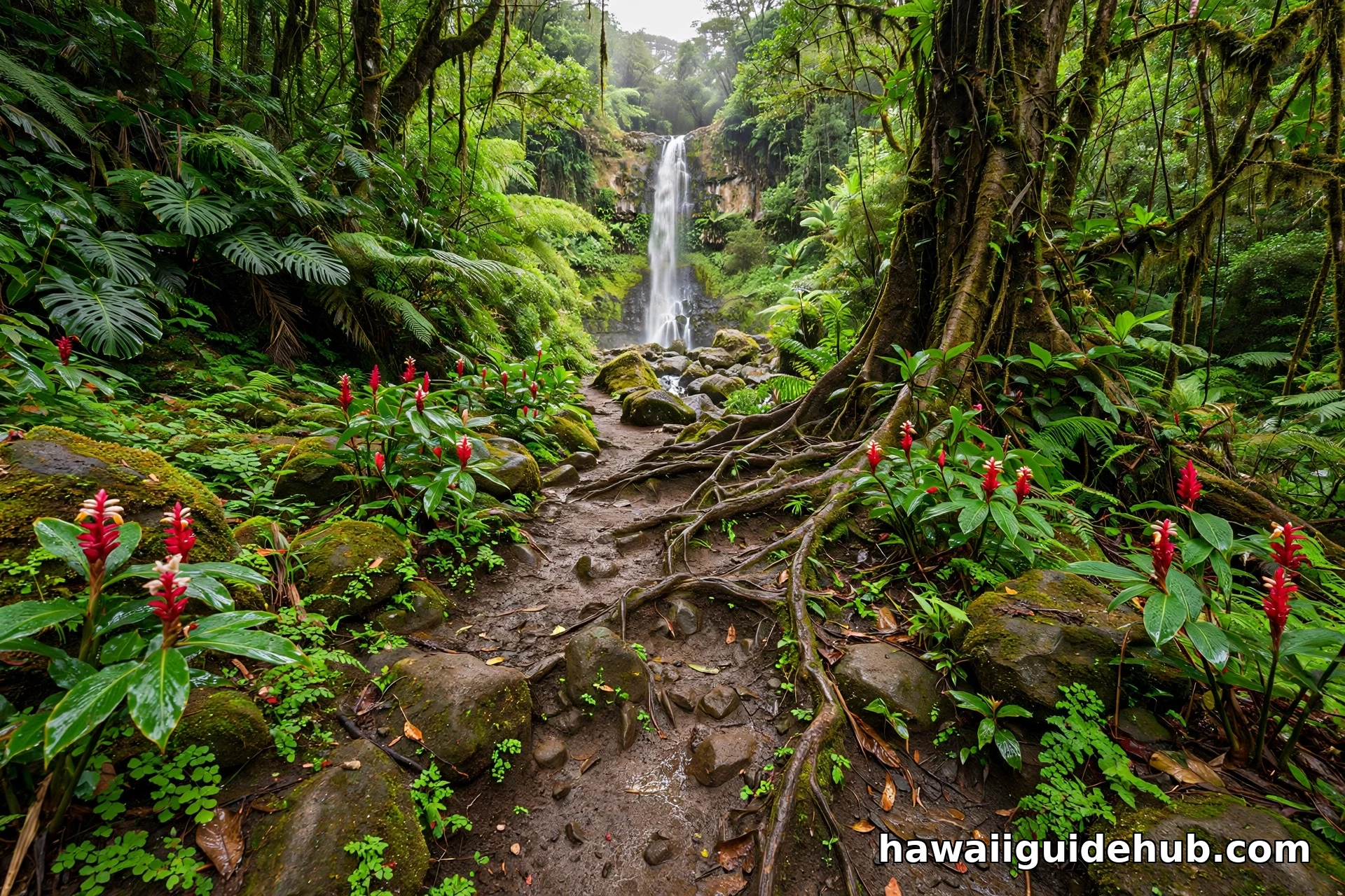 Short rainforest trail with wet mossy rocks and wild ginger leading to Haipuaena Falls on Maui