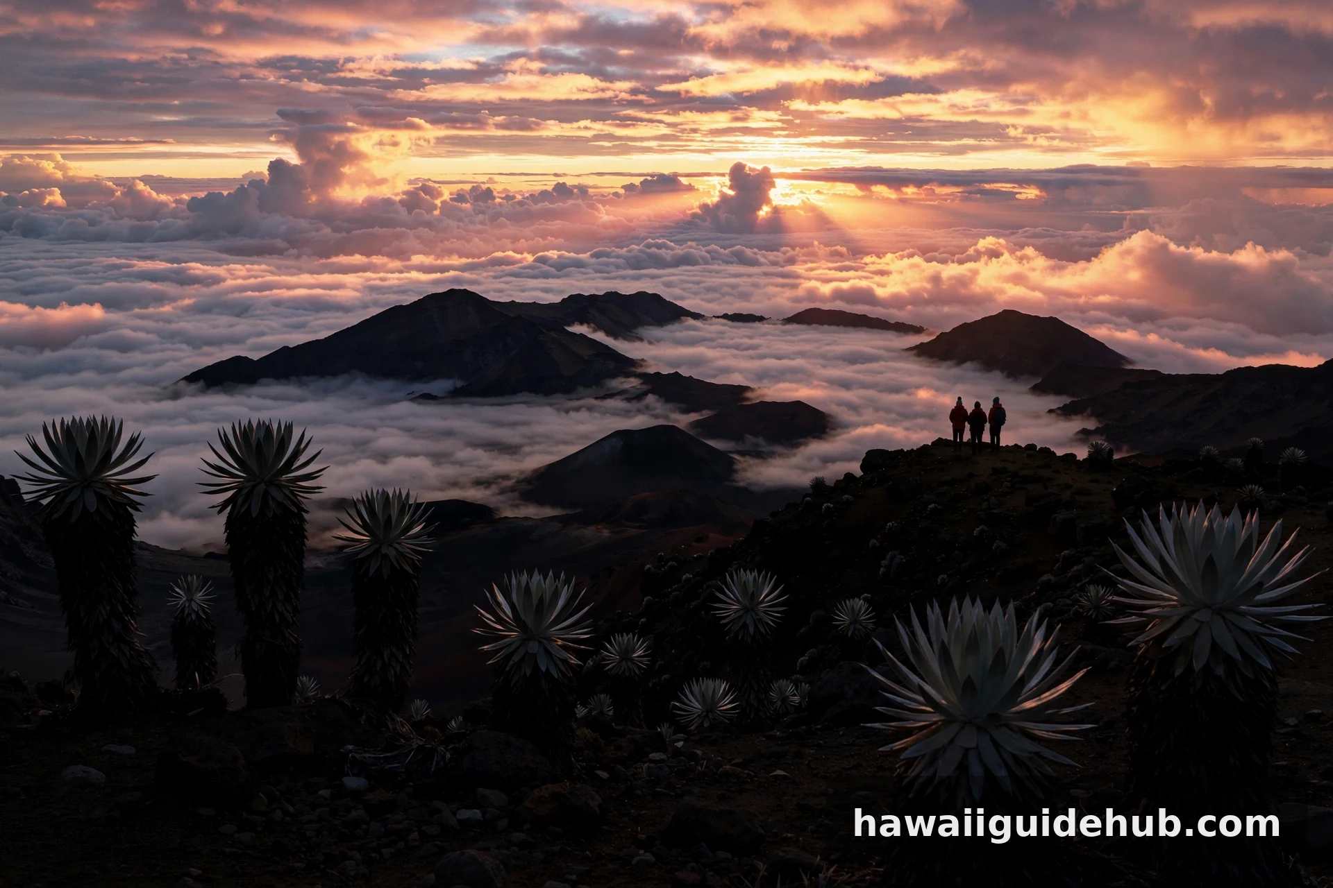 Sunrise above a sea of clouds at the Haleakala summit on Maui, Hawaii, with silversword plants in the foreground