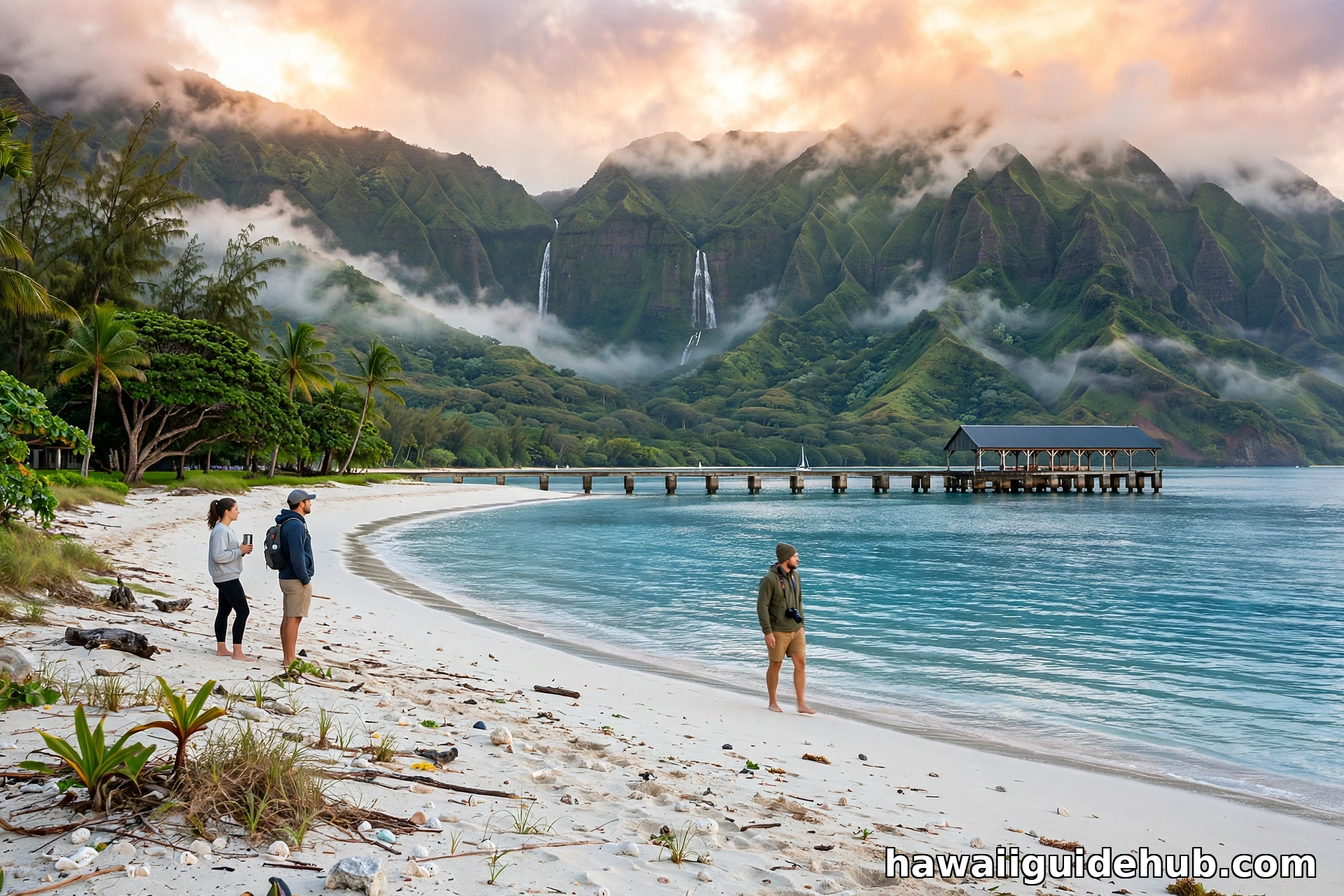 Hanalei Bay at sunrise with Hanalei Pier and emerald mountains behind