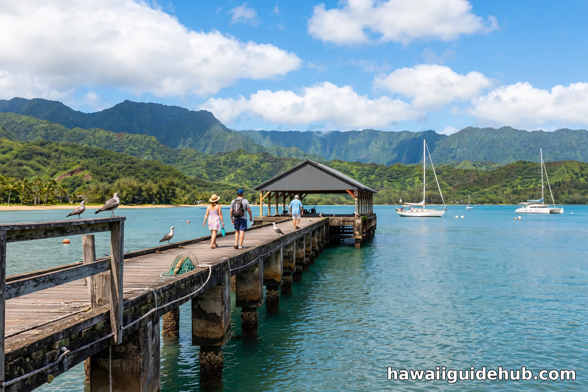The historic Hanalei Pier stretching into Hanalei Bay.