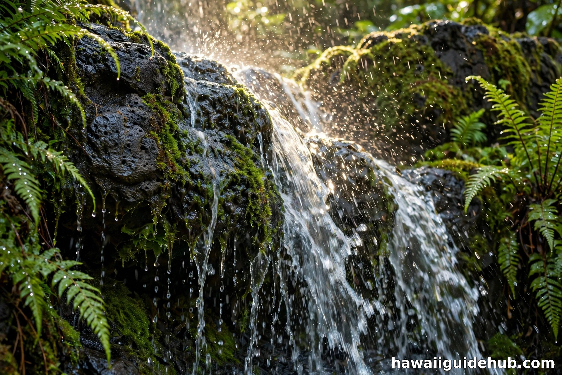 Close-up of Hanawi Falls cascading over mossy volcanic rock on the Road to Hana, Maui