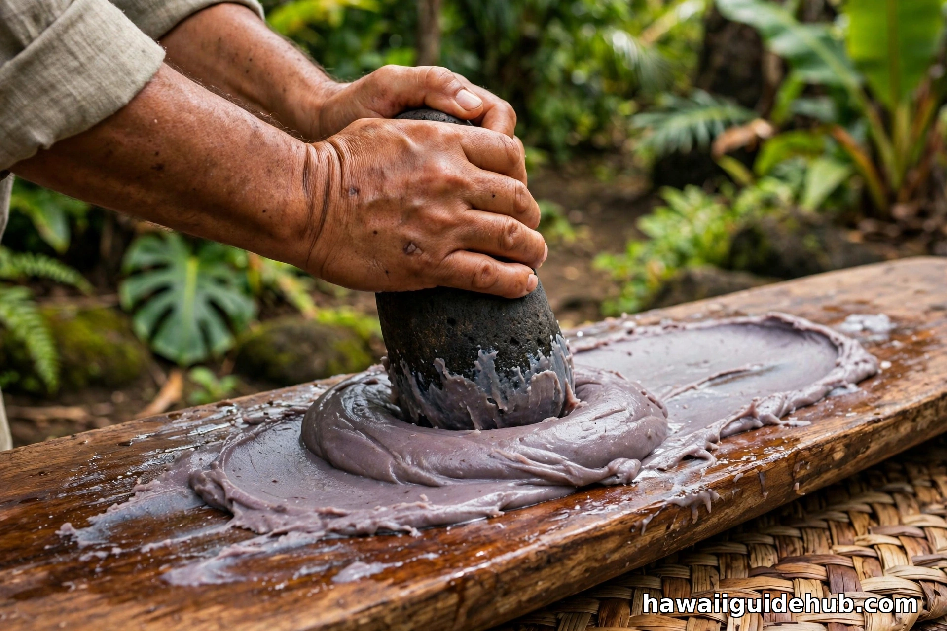 Hands pounding taro into poi with a basalt stone pestle on a wooden board