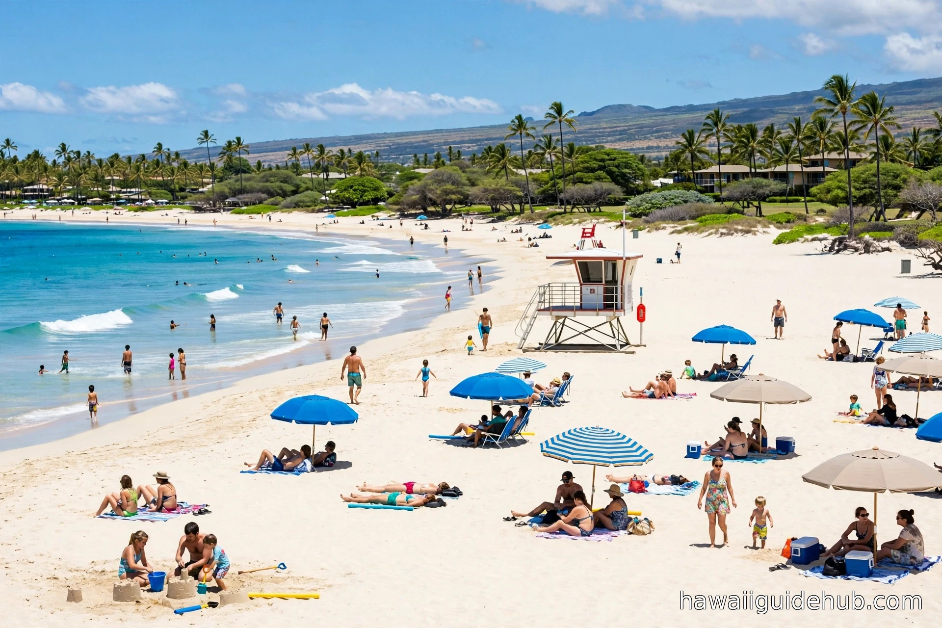 Visitors swimming and relaxing on the white sand of Hapuna Beach on the Kohala Coast