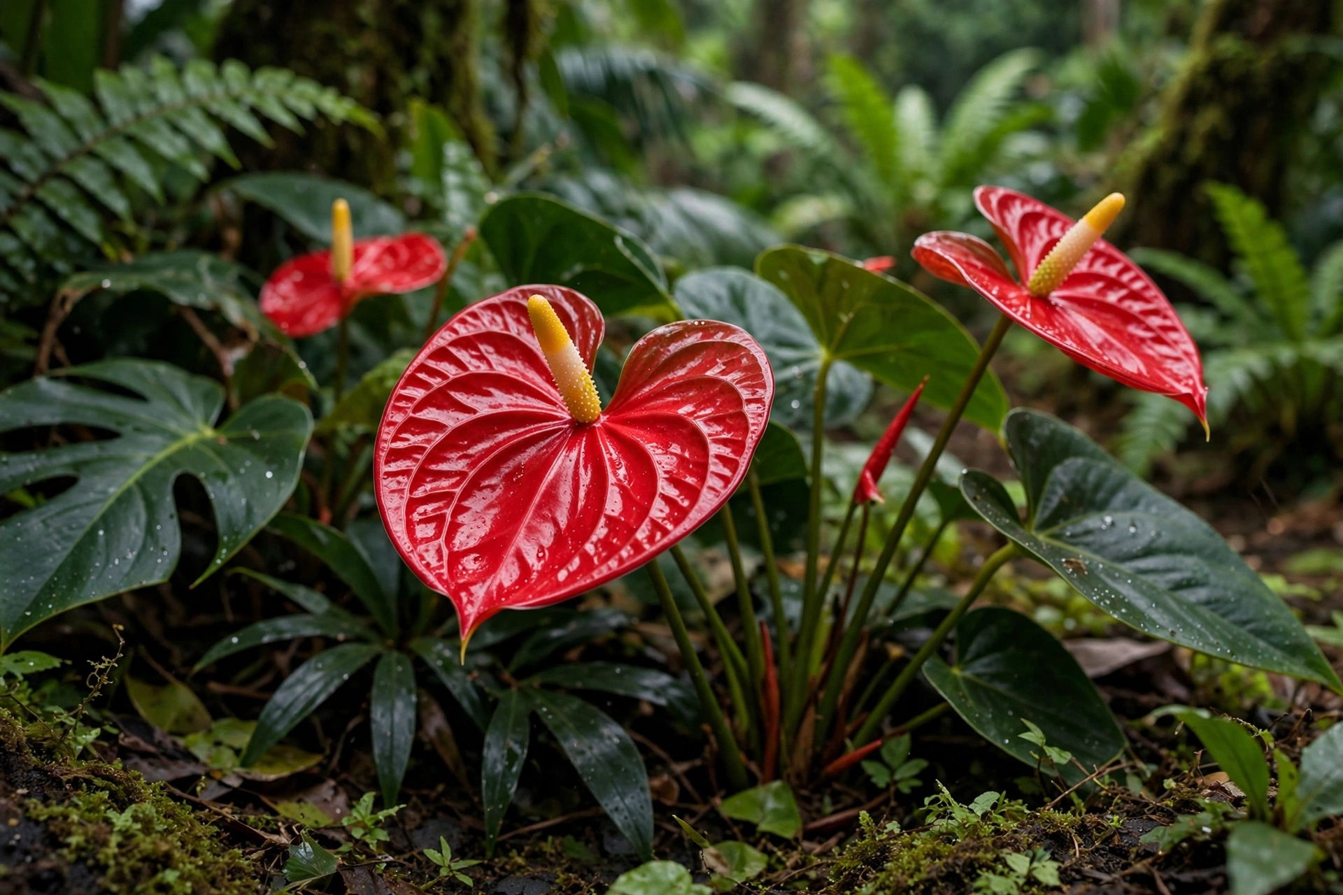 Glossy red anthurium flowers with heart-shaped spathes growing in Hawaii