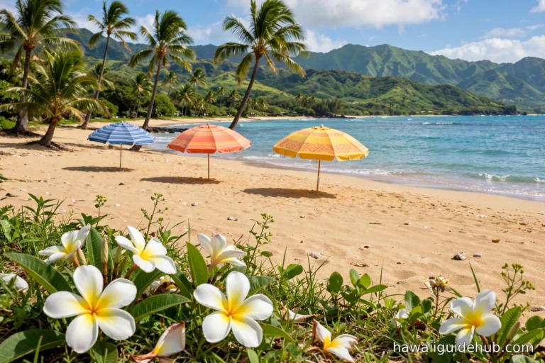 Sunny April beach in Hawaii with plumeria flowers, palm trees, and colorful umbrellas on golden sand