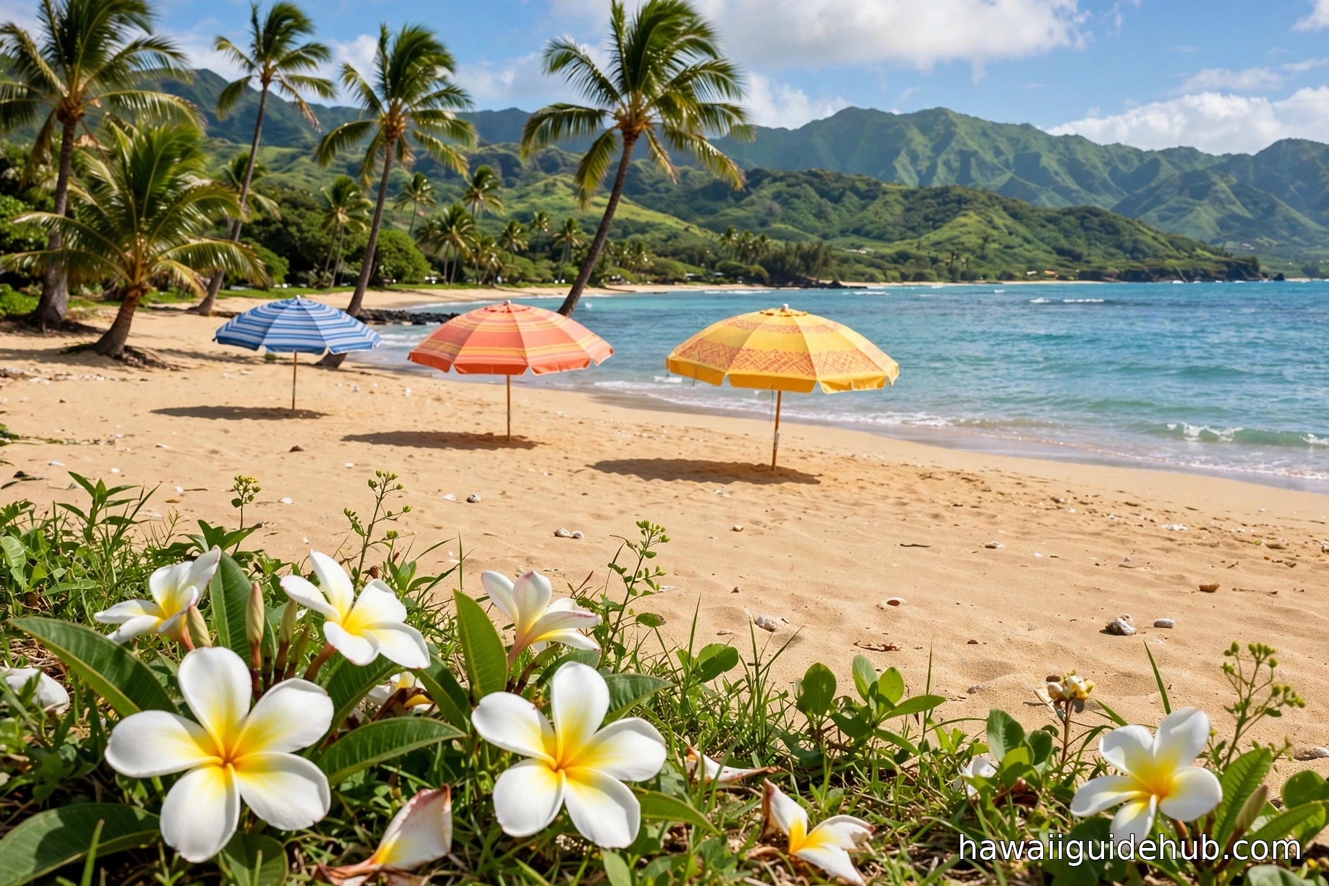 Sunny April beach in Hawaii with plumeria flowers, palm trees, and colorful umbrellas on golden sand