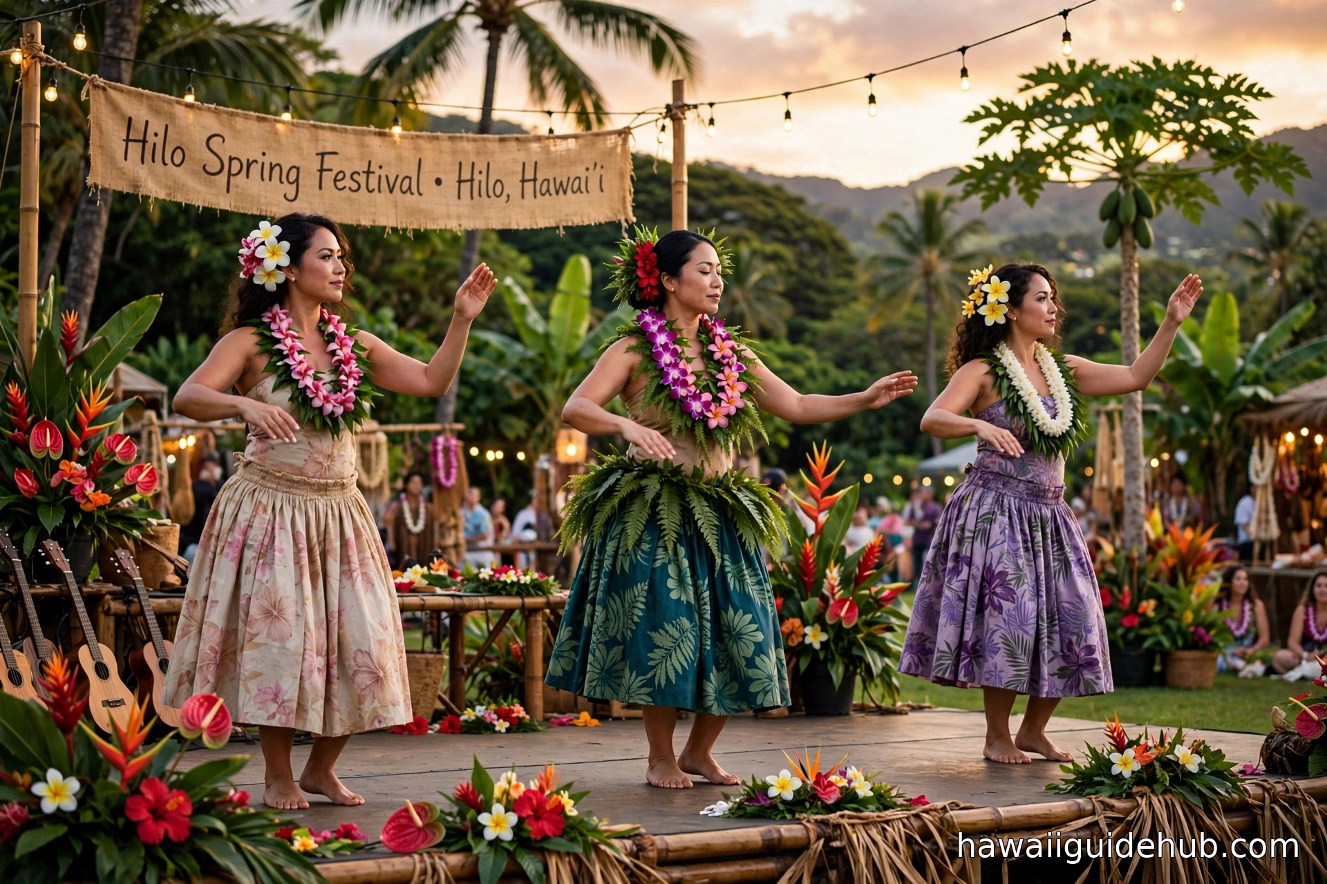 Hula dancers performing at a spring festival in Hilo Hawaii wearing lei and traditional skirts