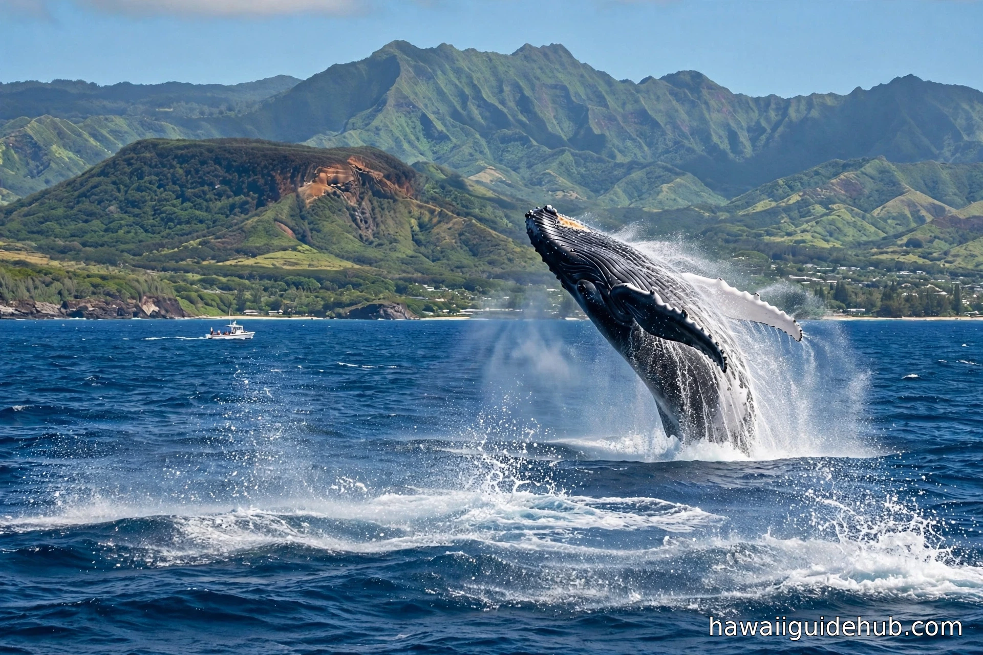 Humpback whale breaching off the Hawaii coast with green mountains in the background