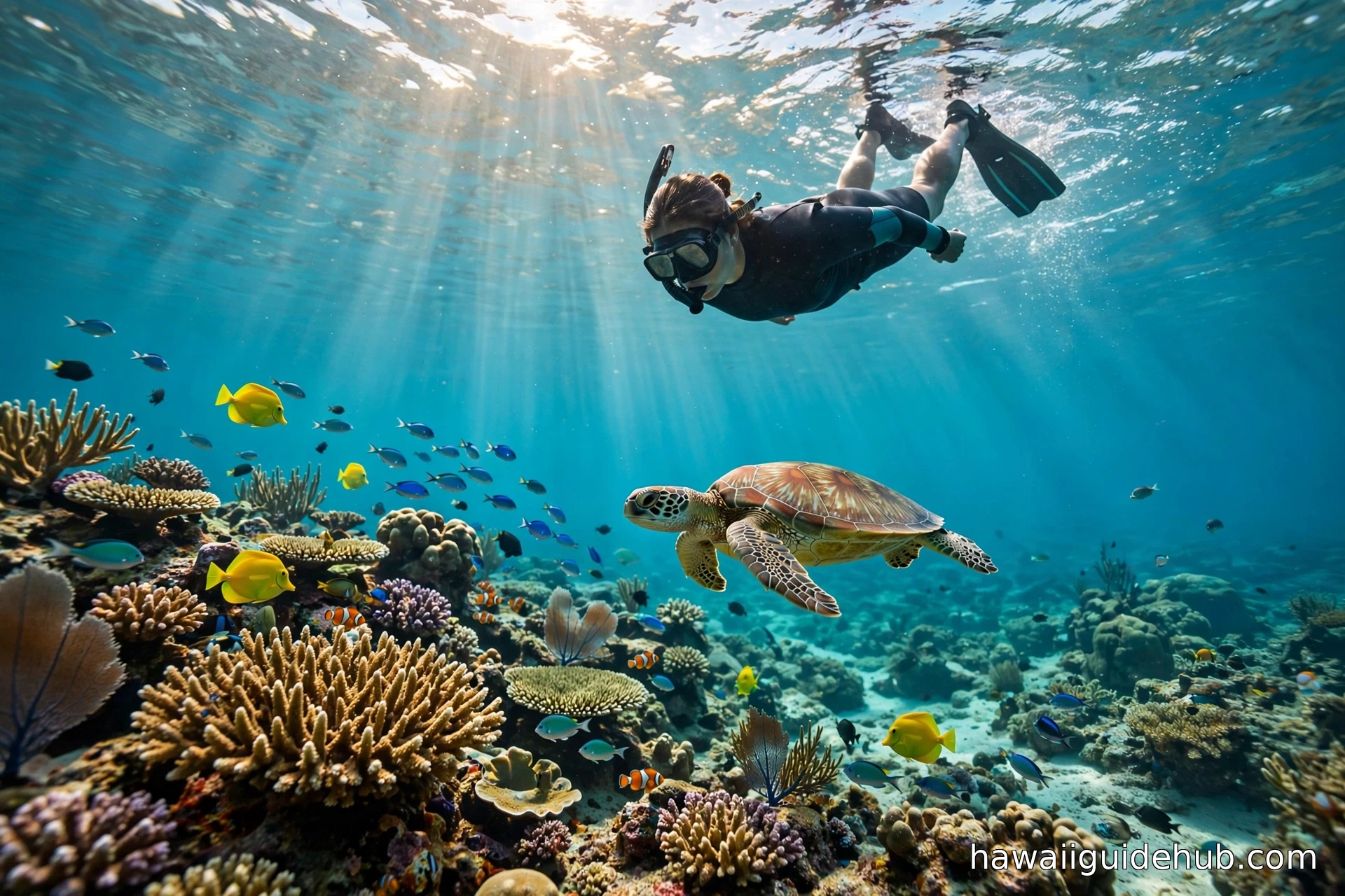 Snorkeler swimming with a Hawaiian green sea turtle over a coral reef in clear spring water