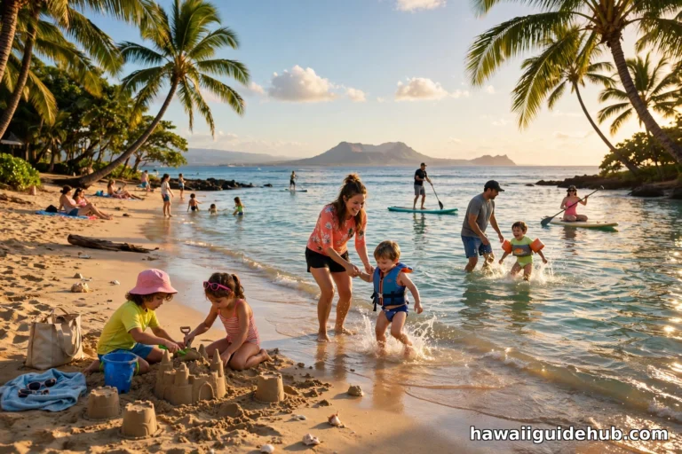 Families enjoying a sunny August beach day in Hawaii with paddleboarders and a volcanic crater on the horizon