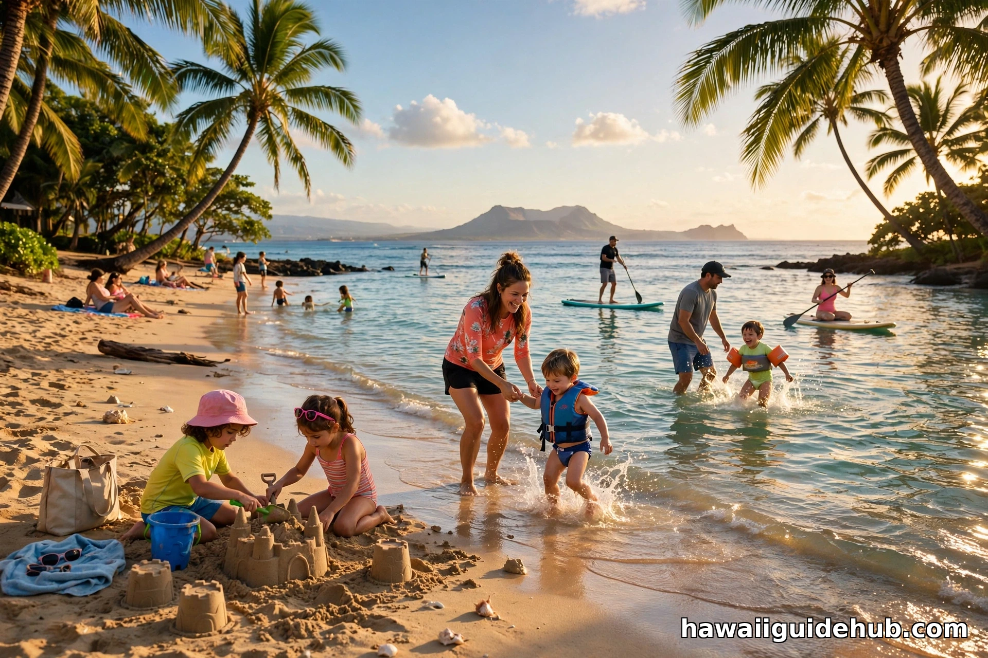 Families enjoying a sunny August beach day in Hawaii with paddleboarders and a volcanic crater on the horizon