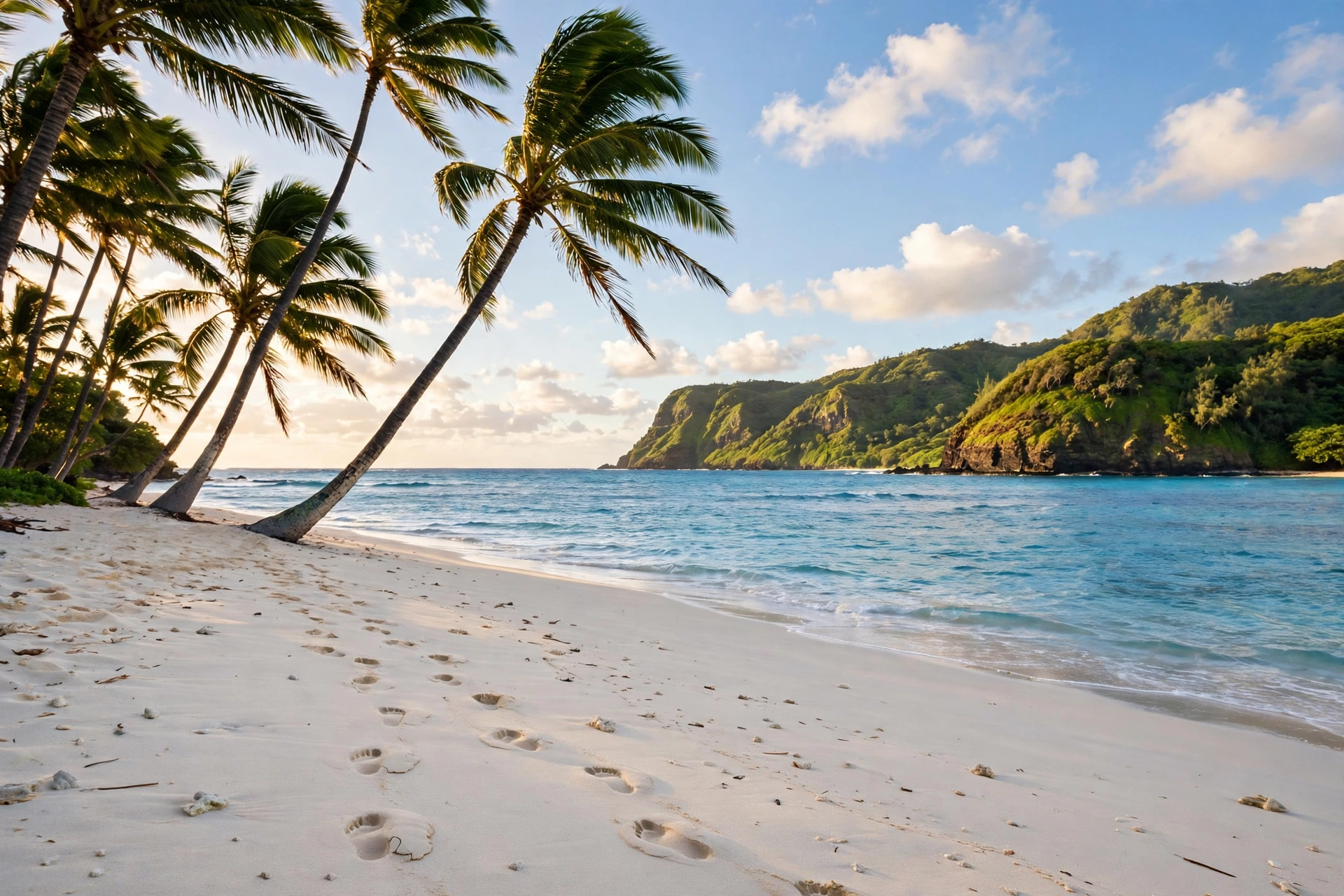 Palm trees leaning over white sand beach with turquoise water and green headland in Hawaii in December