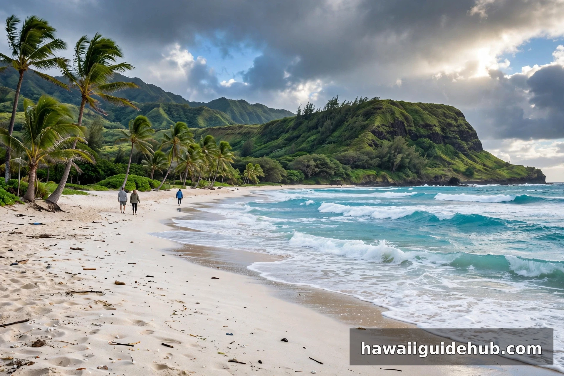 Turquoise winter surf rolling onto a white sand Hawaiian beach with palm trees and a green headland under dramatic January clouds