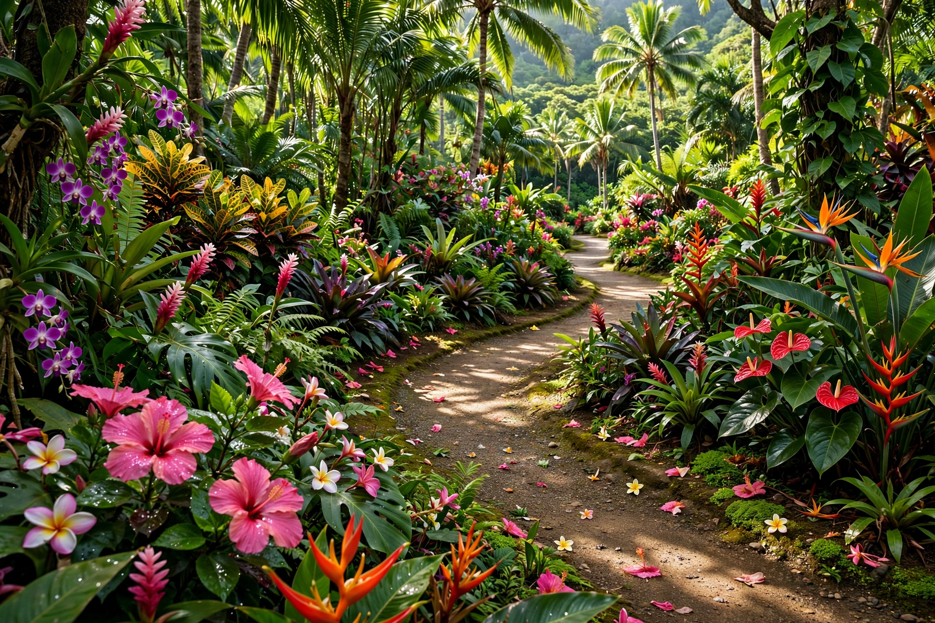 Lush tropical botanical garden path in Hawaii lined with colorful flowering plants and palm trees