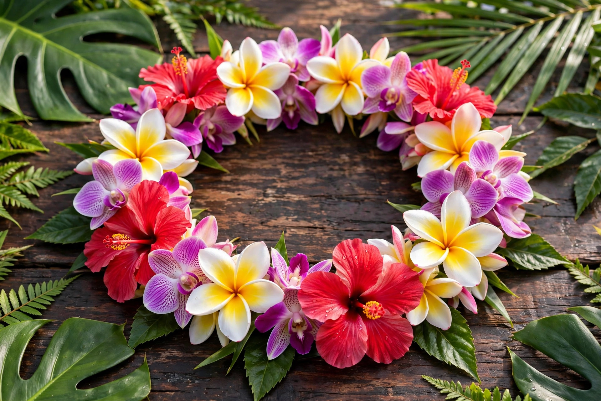 Colorful Hawaiian flower lei made of plumeria, hibiscus and orchid blossoms on dark wood