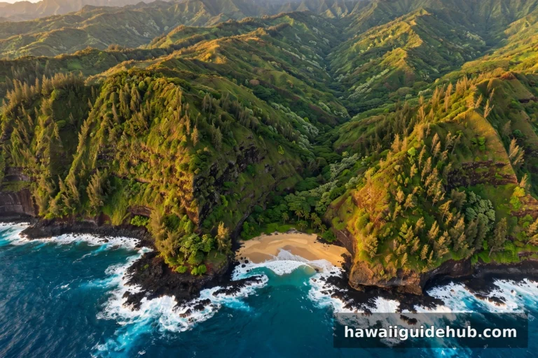 Aerial view of dramatic emerald sea cliffs and turquoise ocean along the Hawaii coastline at golden hour