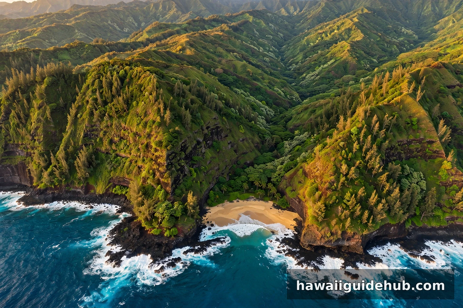 Aerial view of dramatic emerald sea cliffs and turquoise ocean along the Hawaii coastline at golden hour