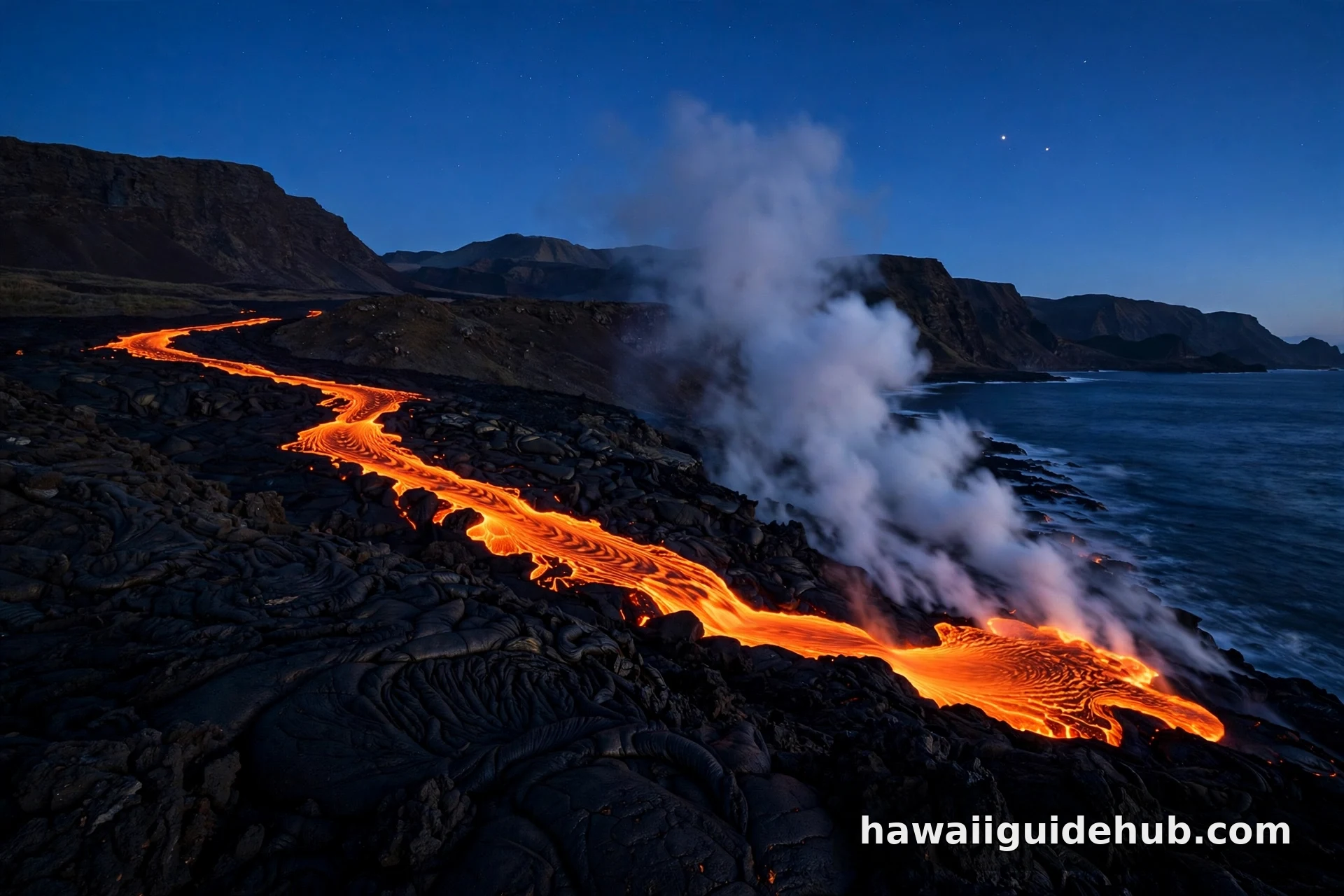 Glowing orange lava flow streaming across black volcanic rock into the ocean at dusk in Hawaii