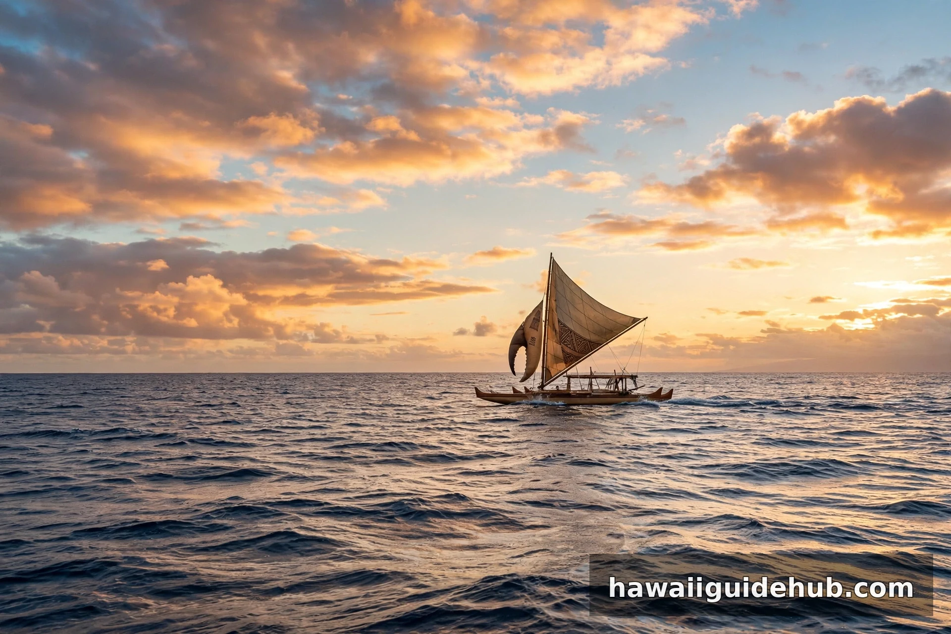 Traditional double-hulled Hawaiian voyaging canoe with a crab-claw sail on the open ocean at sunset
