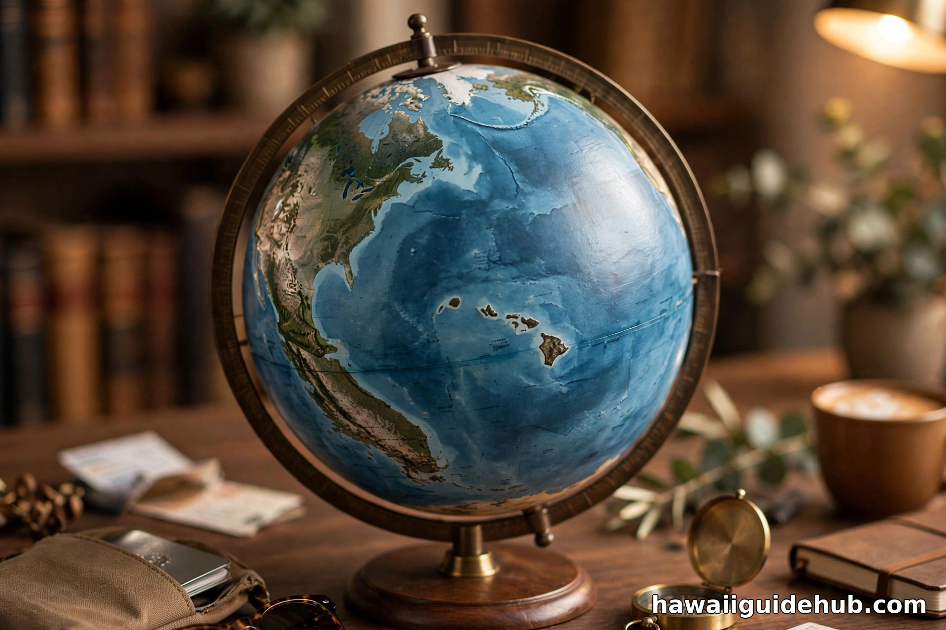 Desktop globe centered on the Pacific Ocean showing the Hawaiian Islands and the US west coast
