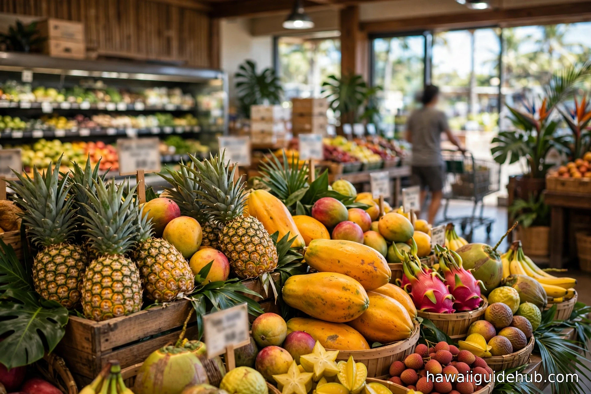 Tropical fruits including pineapples and papayas displayed at a Hawaii grocery store produce section