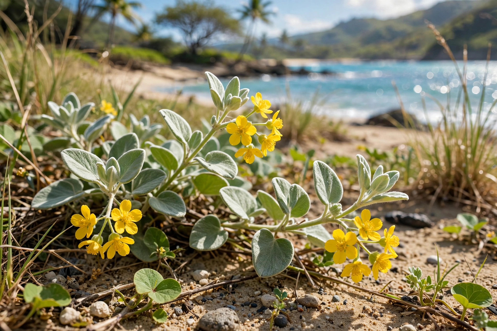 Small bright yellow ʻilima flowers blooming on a coastal plant near a Hawaiian beach
