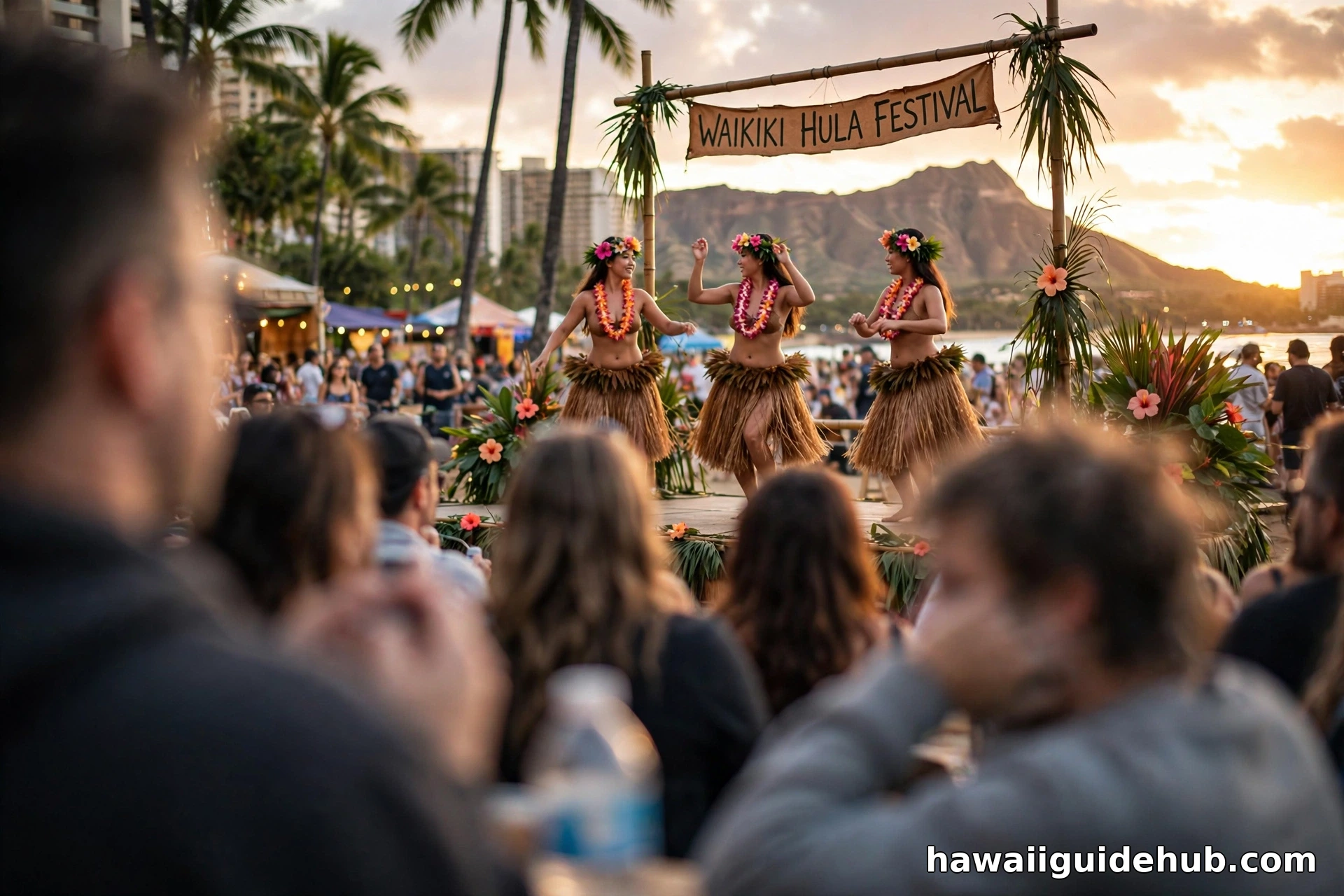 Hula dancers performing at an outdoor festival in Waikiki at sunset