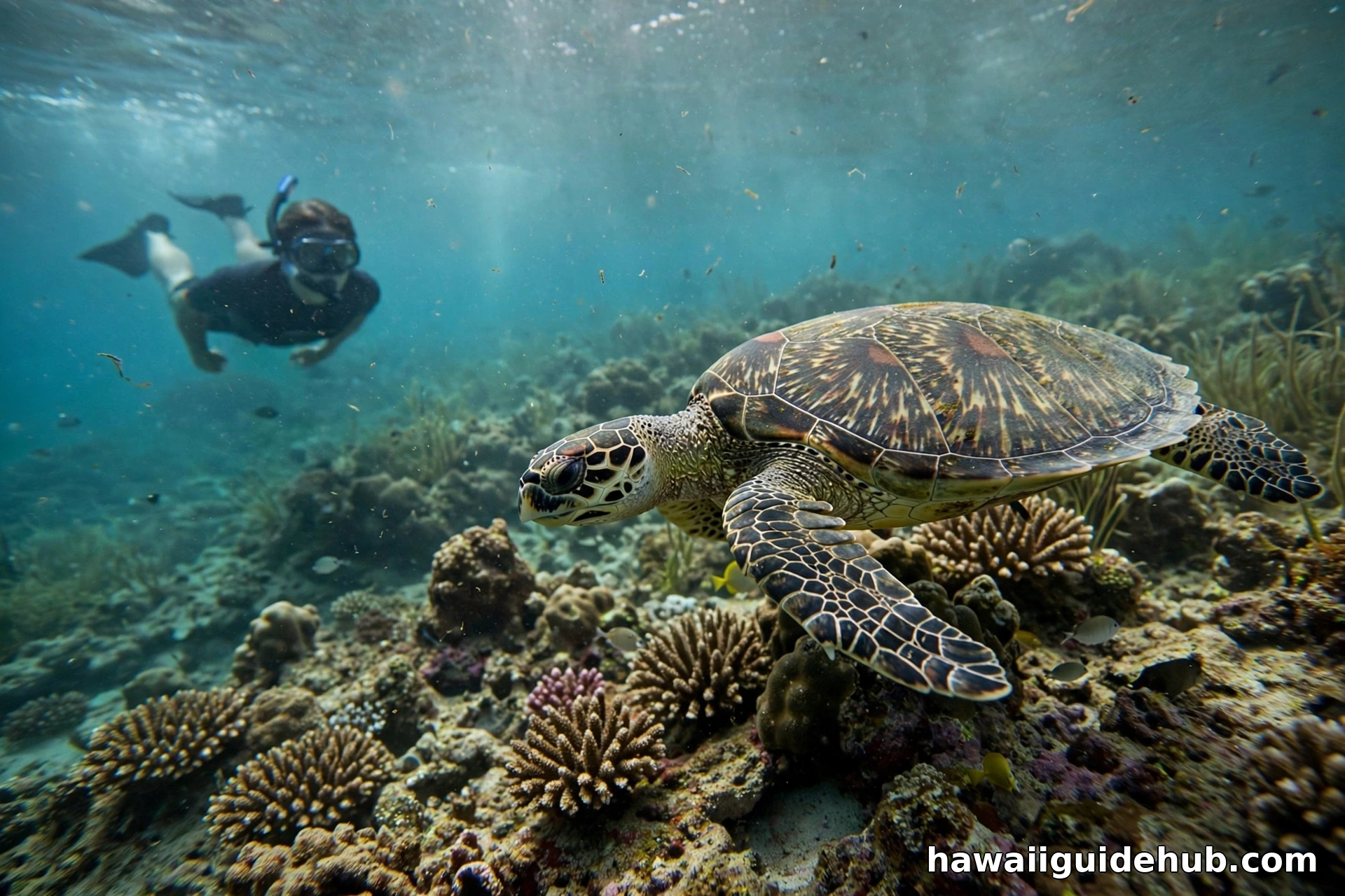 Snorkeler swimming alongside a Hawaiian green sea turtle over a coral reef