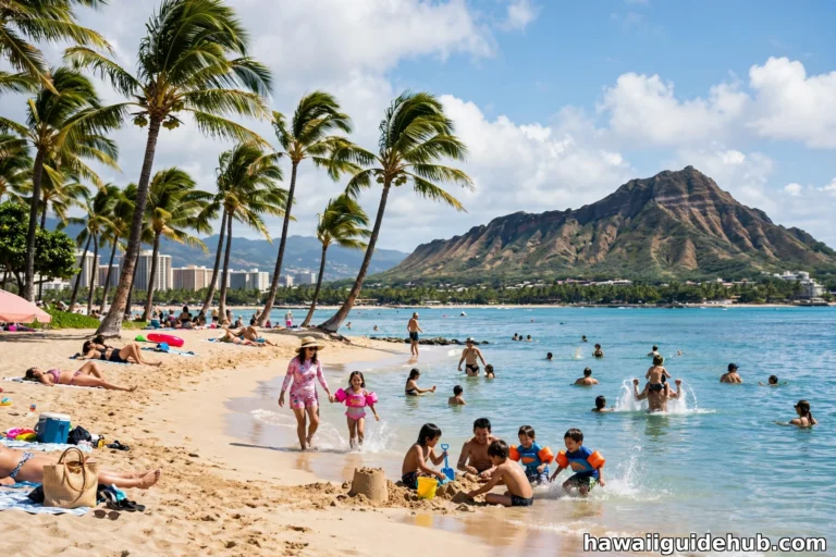 Families enjoying Waikiki Beach in July with Diamond Head in the background, Oahu Hawaii