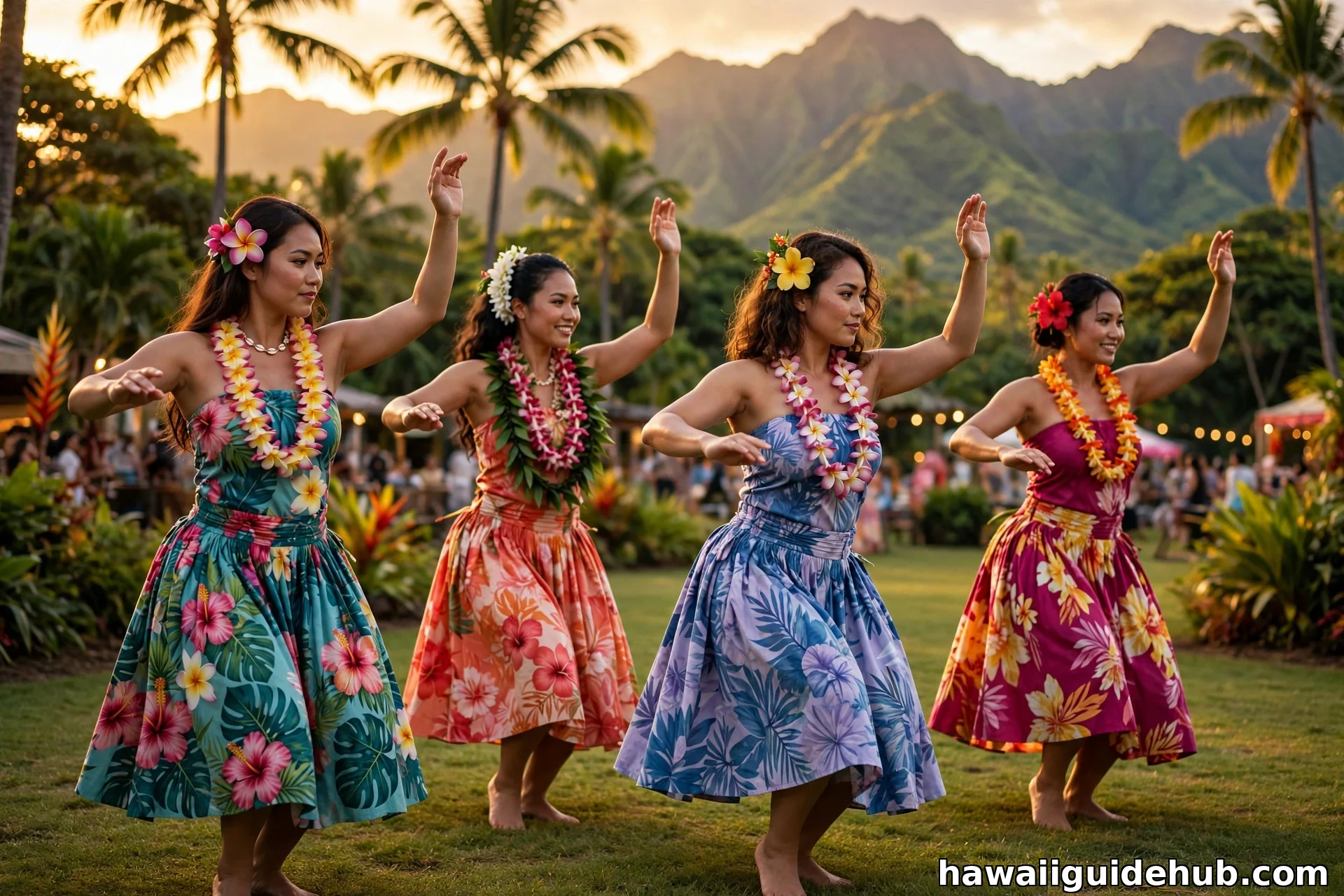 Hula dancers in colorful dresses performing at a July summer festival in Hawaii at golden hour