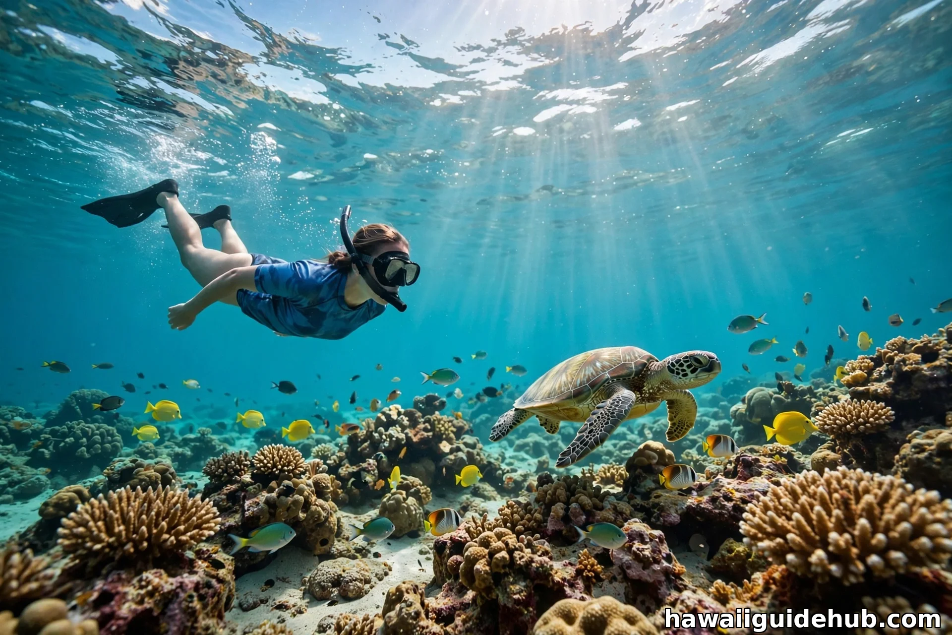 Snorkeler swimming with a green sea turtle over a coral reef in warm July ocean water, Hawaii
