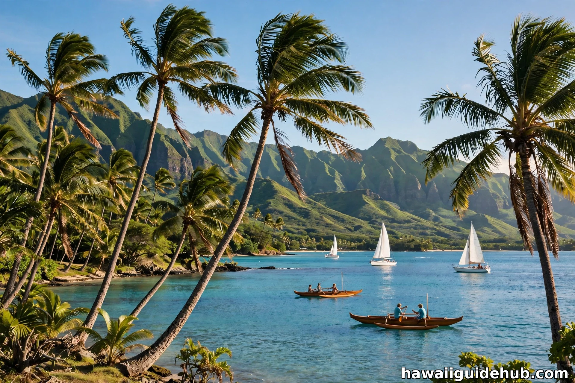 Palm trees bending in the July trade winds over a calm turquoise bay with sailboats, Hawaii