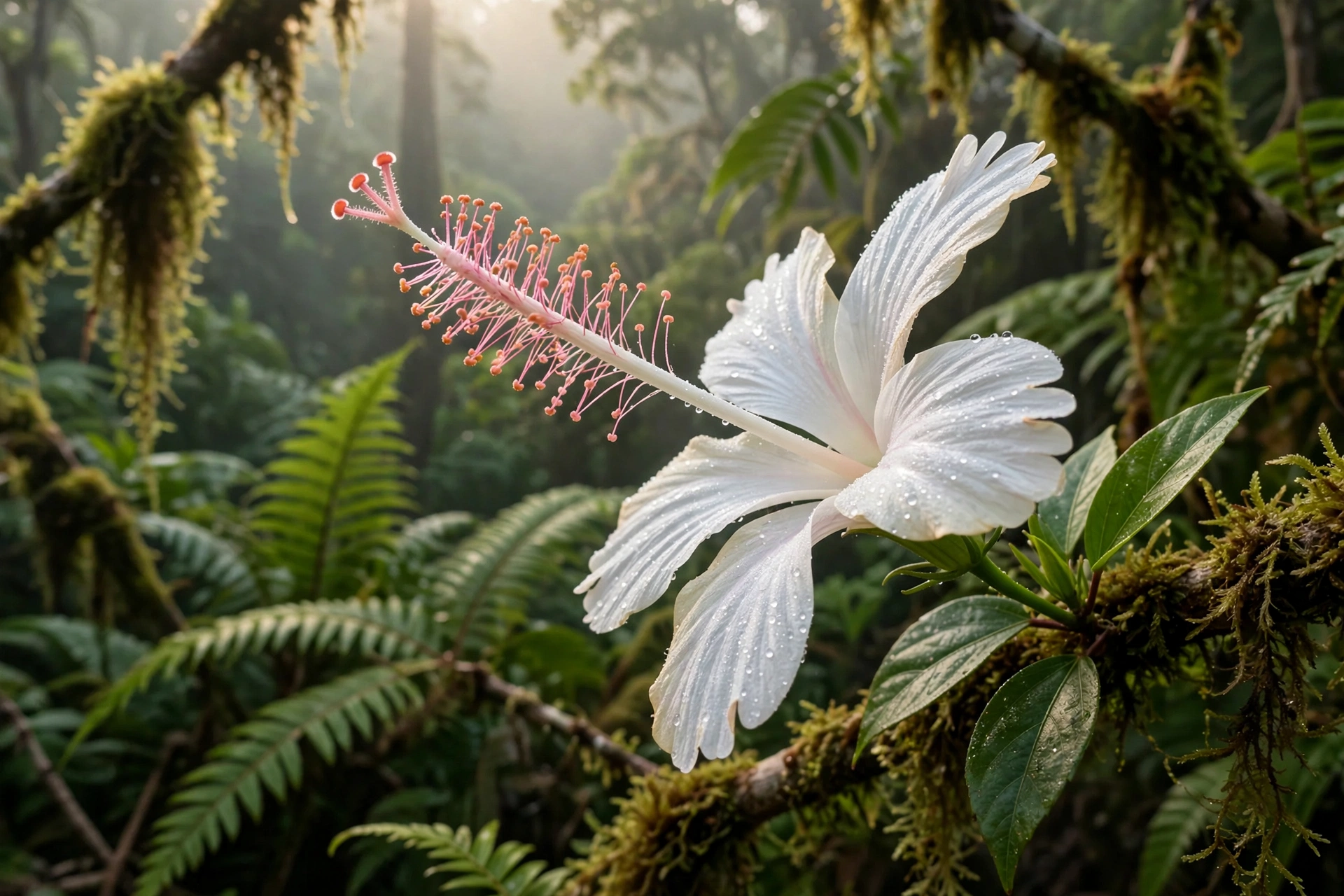 Native Hawaiian white hibiscus flower with delicate white petals and pink stamen in a rainforest