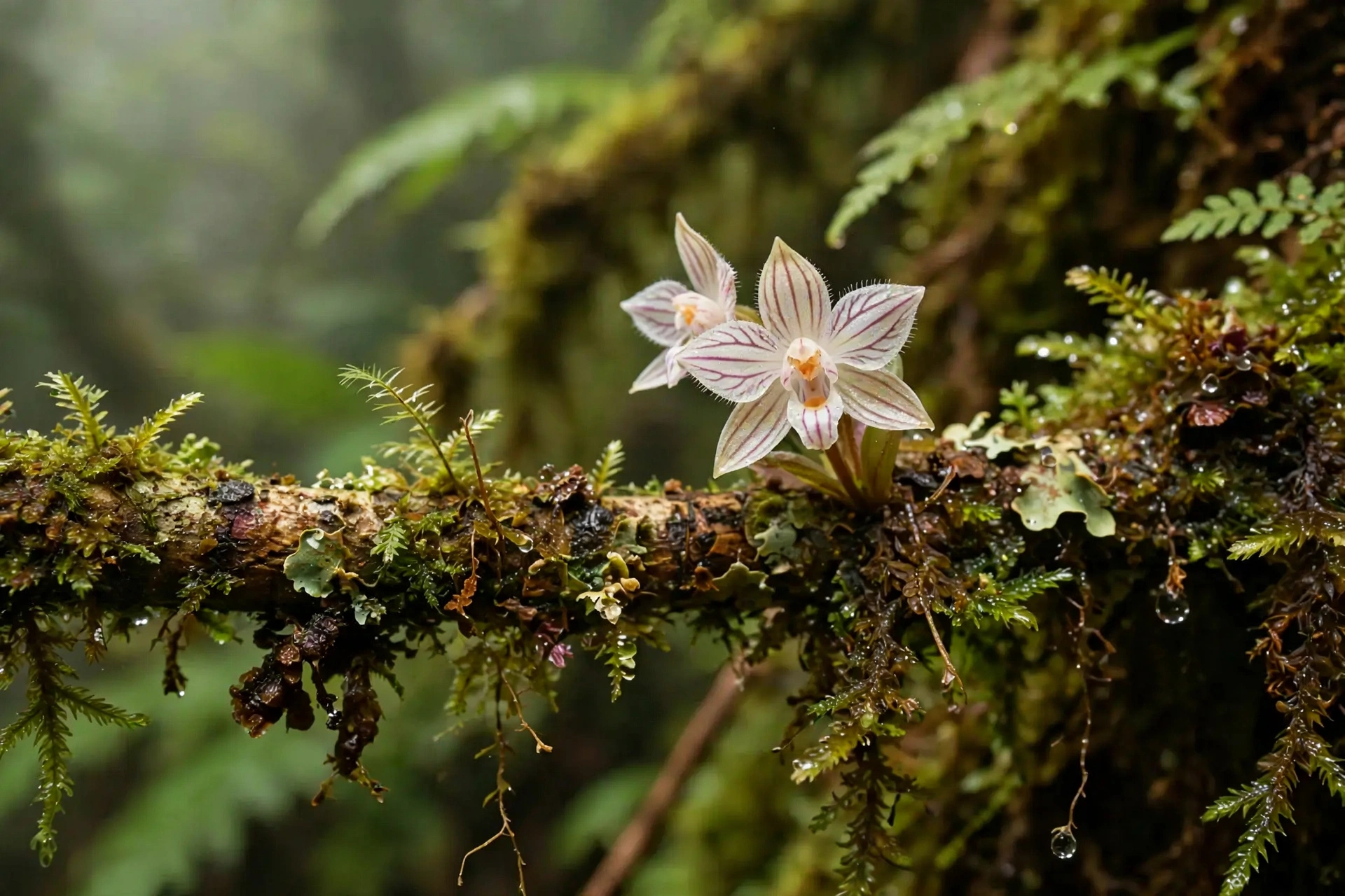 Tiny native Hawaiian wild orchid with striped white and pink petals on a mossy branch in a cloud forest