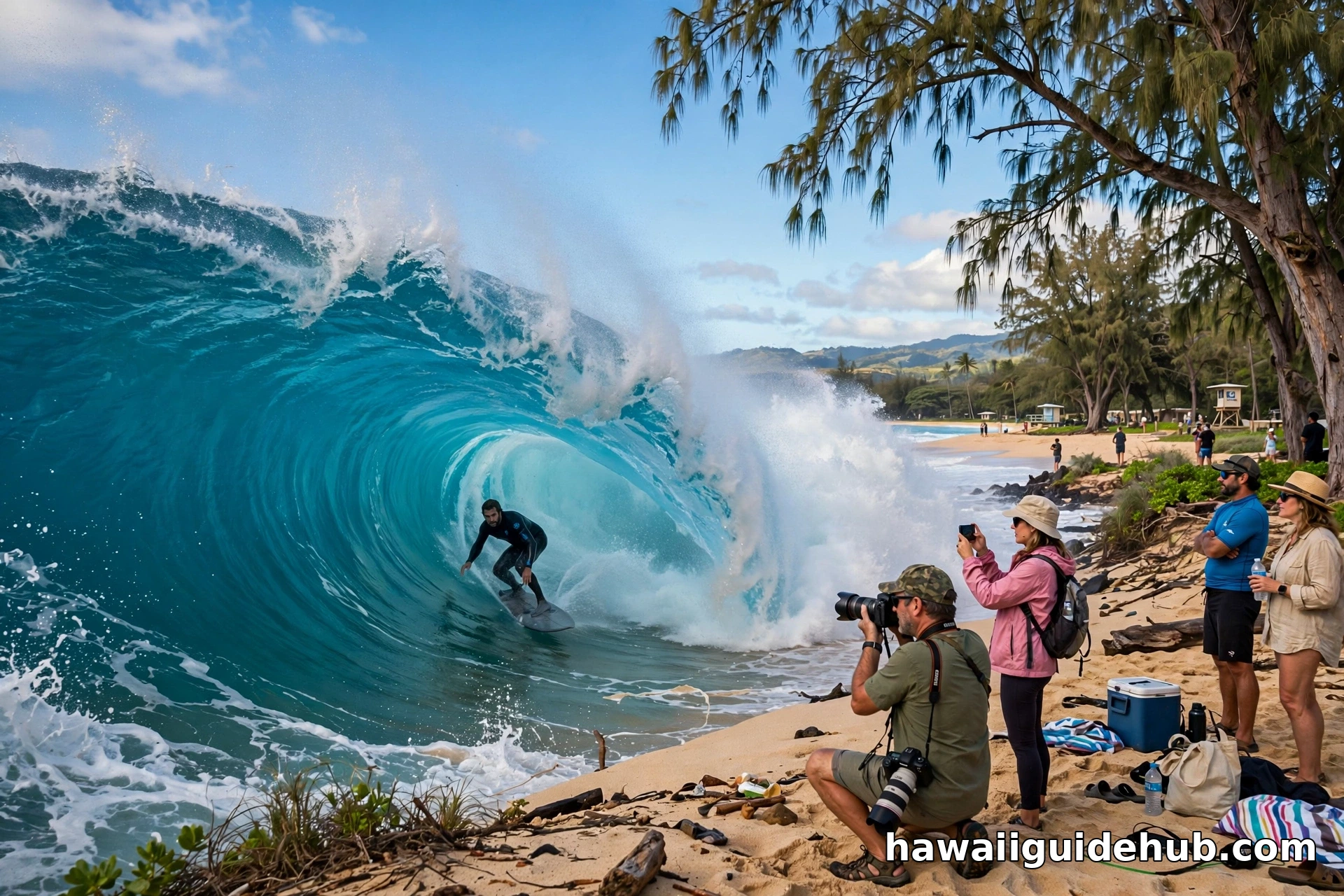 Surfer riding a barreling wave at a North Shore Oahu beach during big wave season
