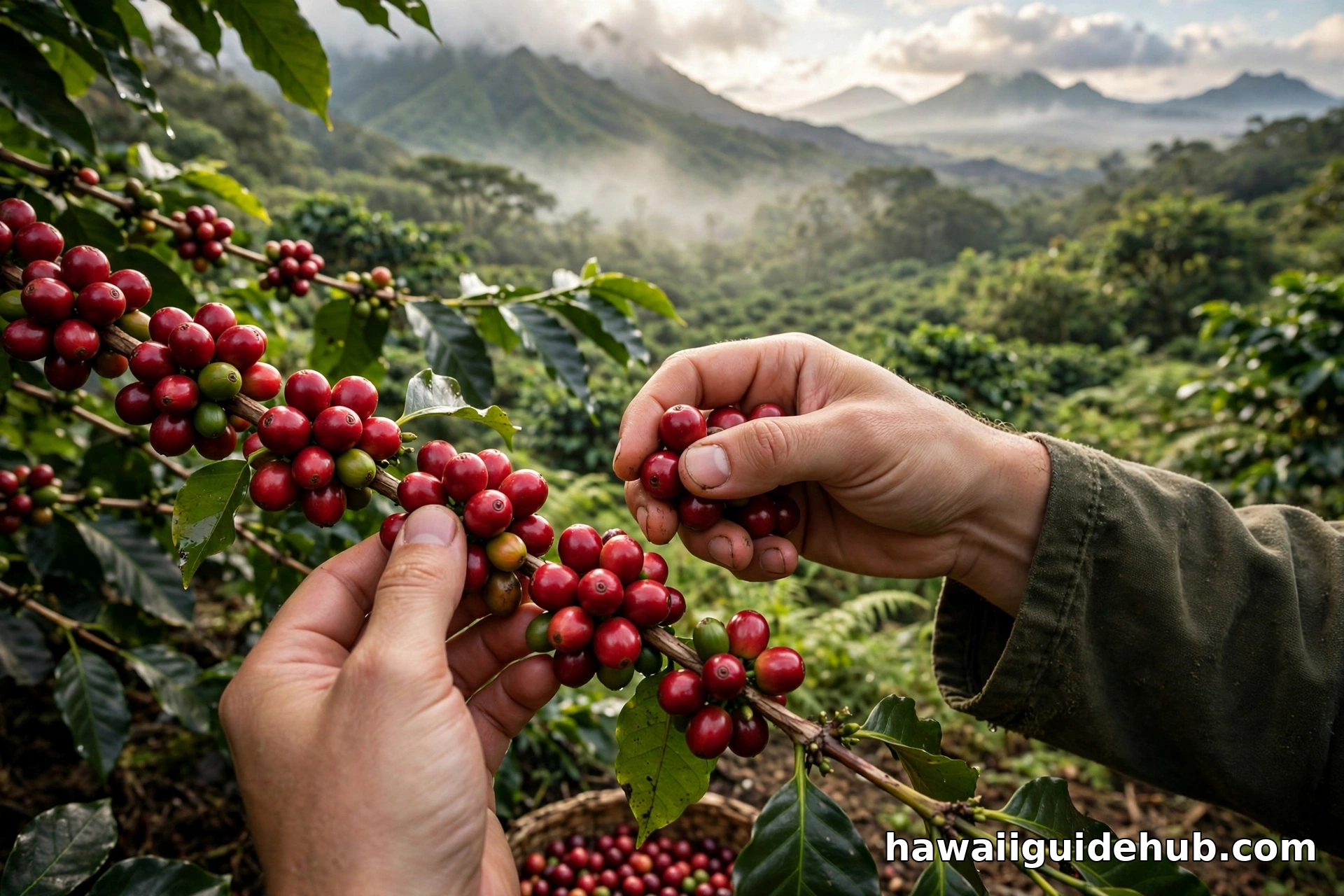 Hands picking ripe red coffee cherries at a Kona coffee farm during harvest season