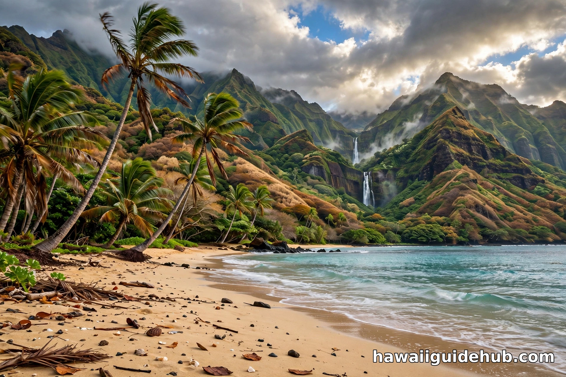 Tropical Hawaiian beach with palm trees and waterfalls in November