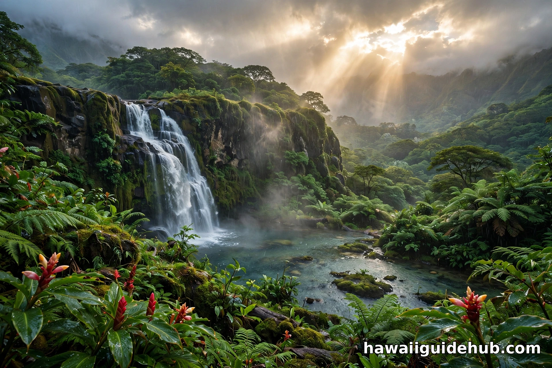 Waterfall flowing in a lush Hawaiian rainforest after a November rain shower