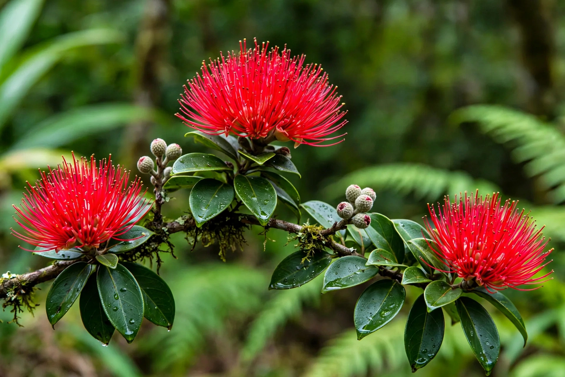 Red ʻōhiʻa lehua blossoms with pom-pom-like crimson stamens on a branch in a Hawaiian rainforest