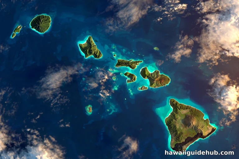 Satellite style aerial view of the eight main Hawaiian Islands in the deep blue Pacific Ocean