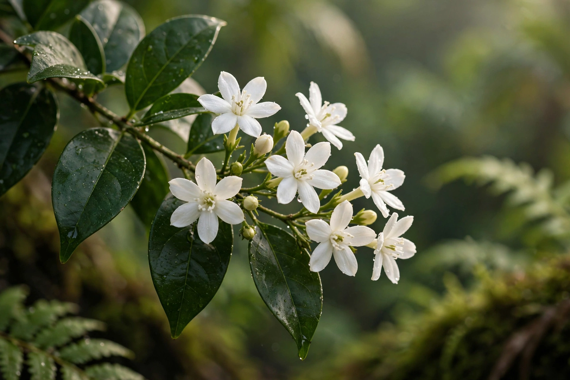 Delicate white pikake flowers clustered on a branch with dark green leaves in Hawaii