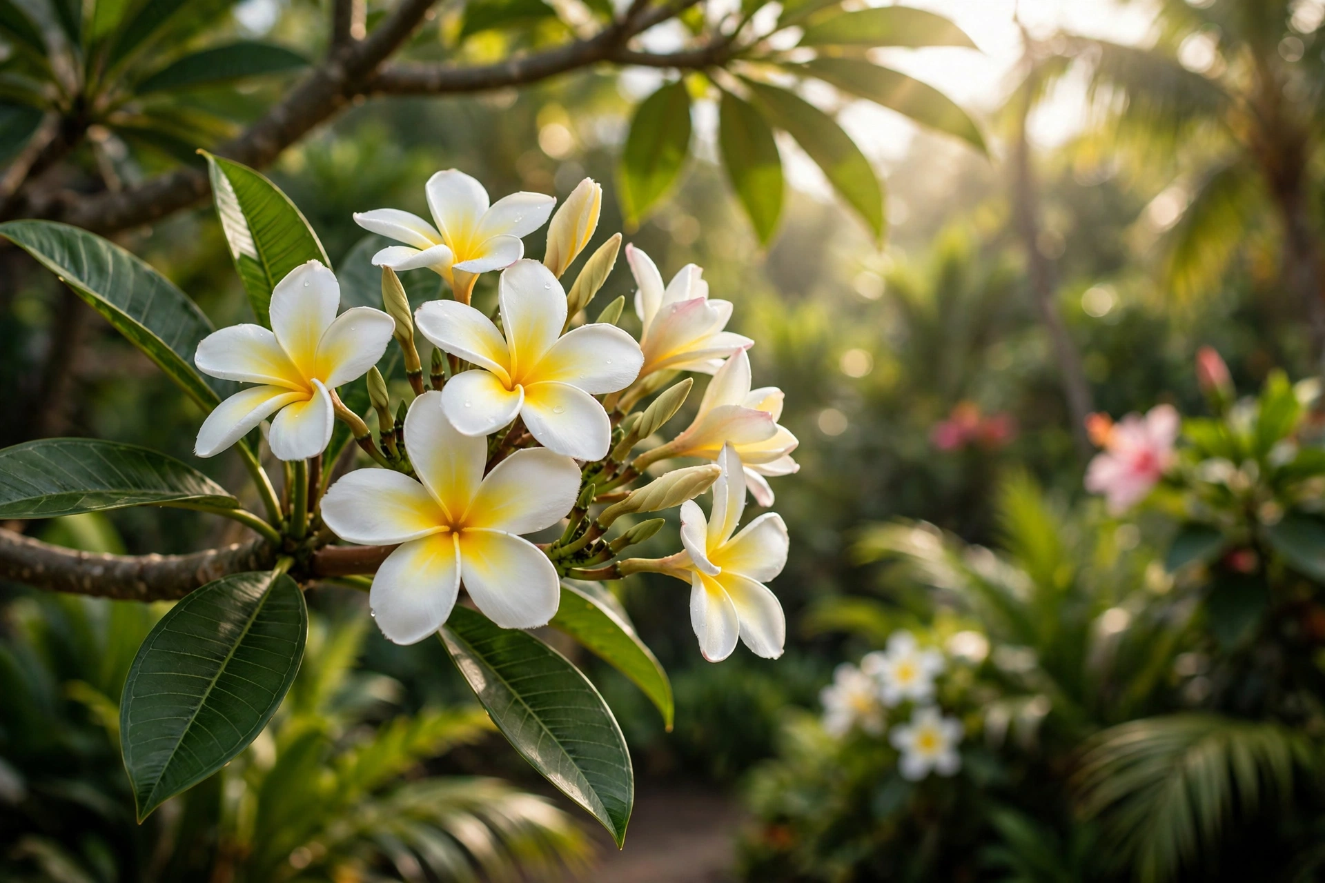 Cluster of white and yellow plumeria flowers (melia) blooming on a branch in a Hawaiian garden