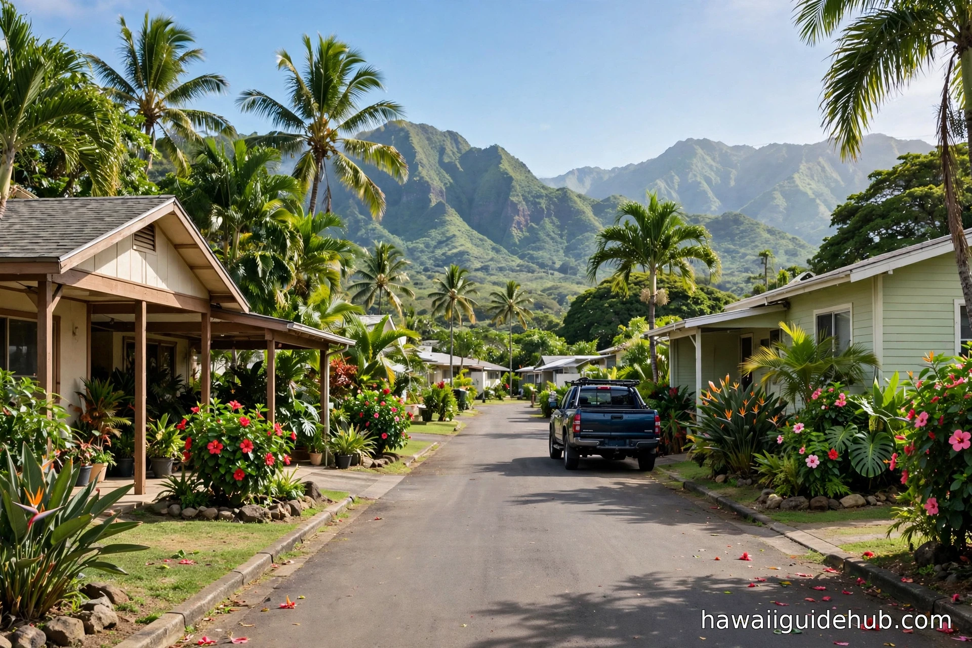Quiet residential street with single-story homes, tropical gardens, and mountains in Hawaii