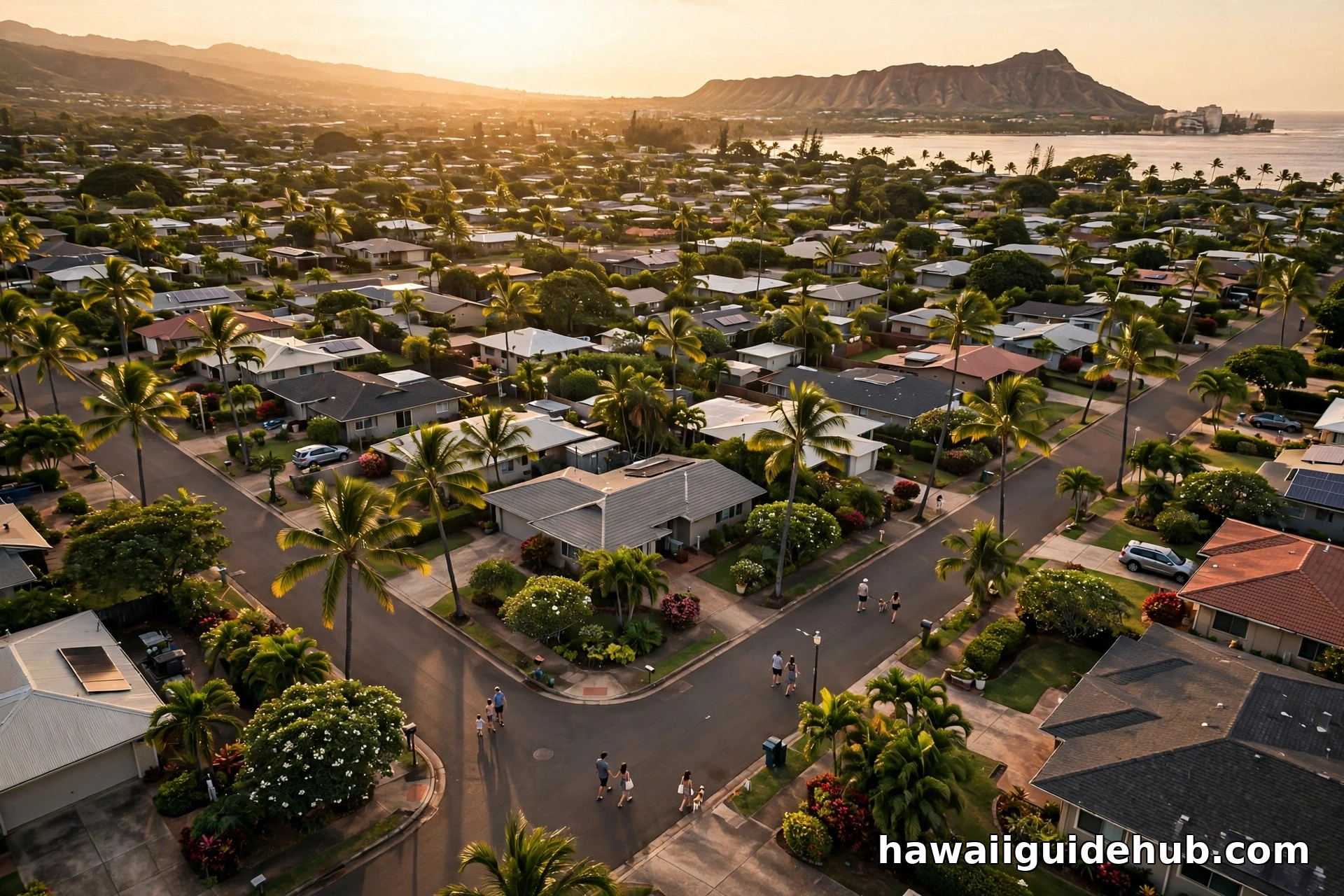 Aerial view of a quiet residential neighborhood in Hawaii at sunset with Diamond Head in the distance
