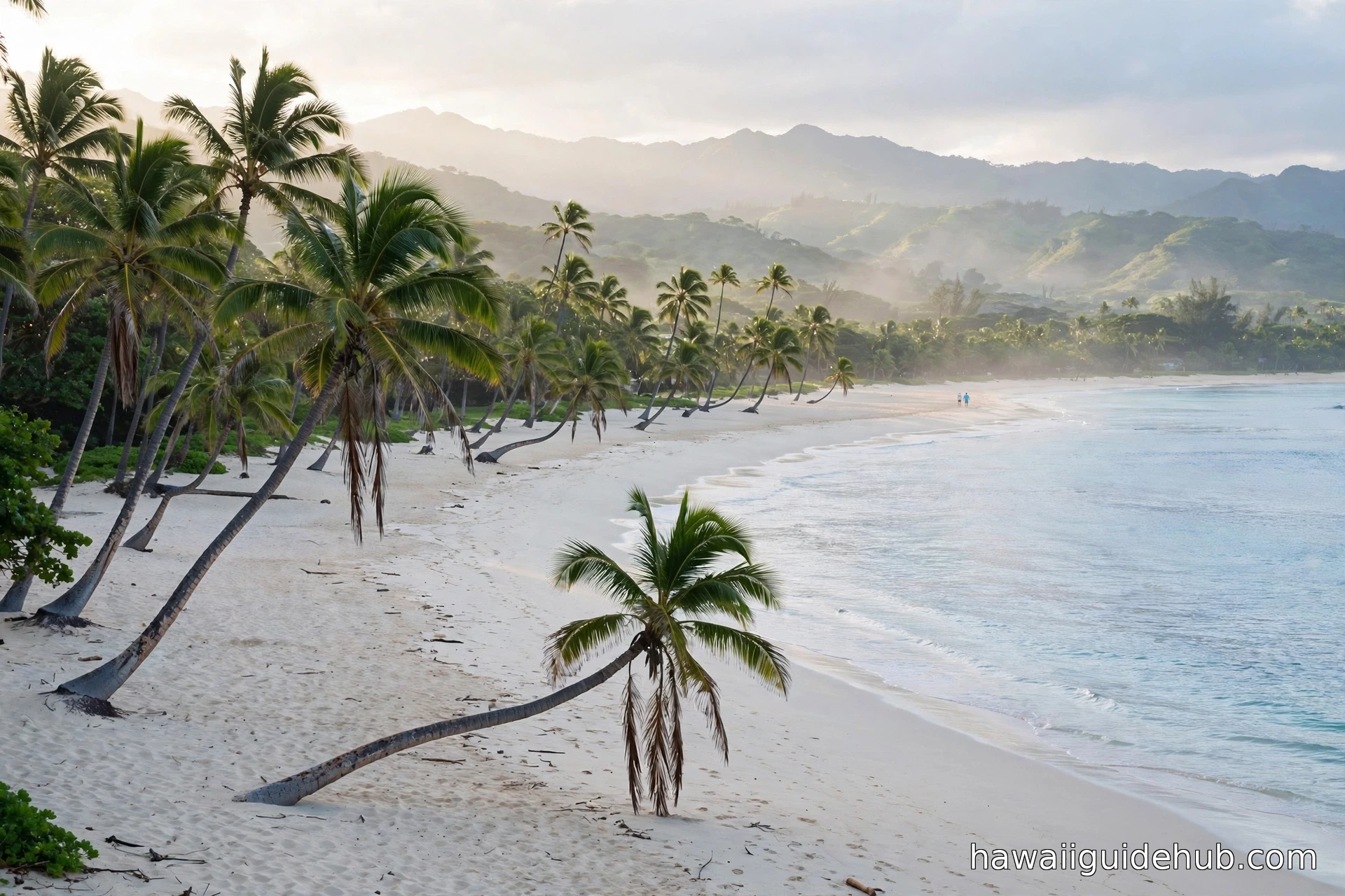 Nearly empty white sand Hawaiian beach with leaning palm trees on a calm September morning