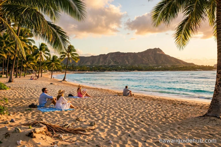 Waikiki Beach at golden hour in September with Diamond Head in the distance and uncrowded sand
