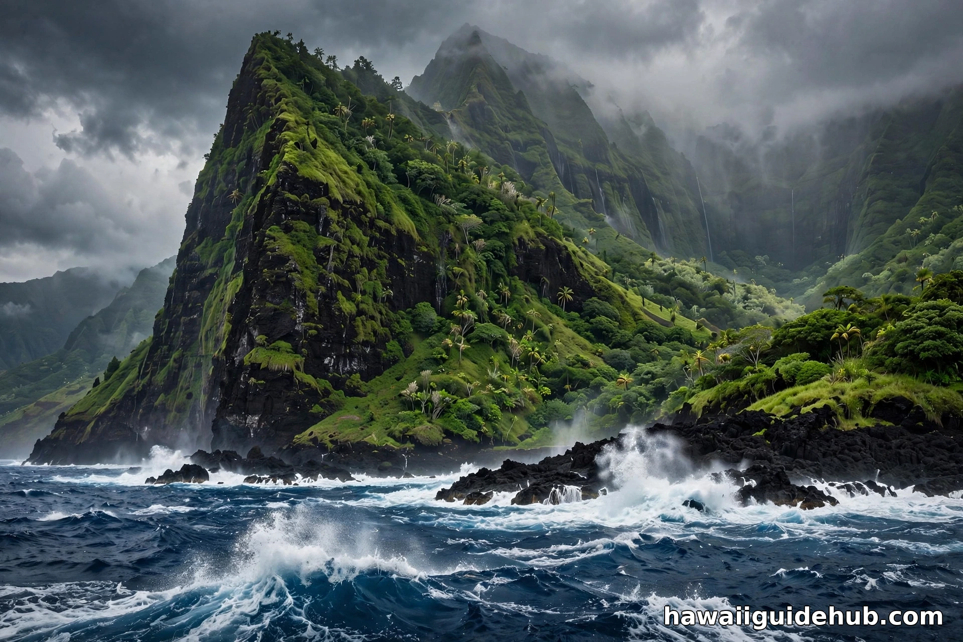 Lush green volcanic Hawaiian island with sea cliffs rising steeply from the deep blue Pacific Ocean